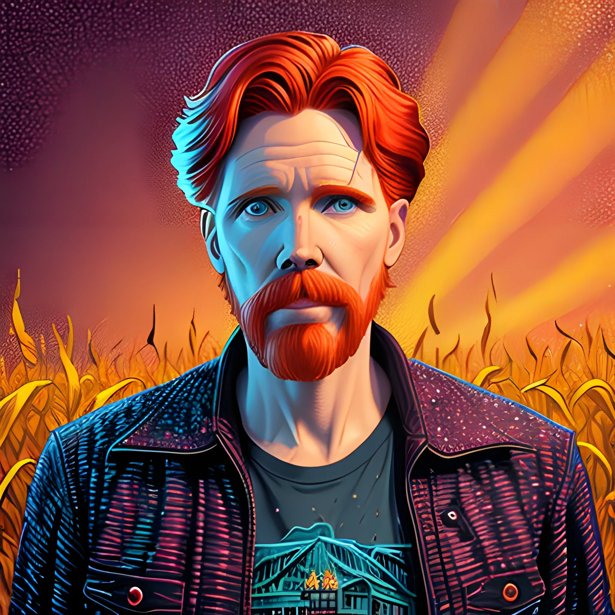 male actor Courtney Gains, his highly detailed handsome face, meticulously detailed multi-hued red hair, standing in tall corn, cornfield, nebula sky; by James R. Eads, Fausto-Giurescu, Tania Rivilis, Renata-s-art, Dan Mumford; luminous colorful sparkles, glitter, airbrush, depth of field, volumetric lighting, deep color, underground comix, 3D