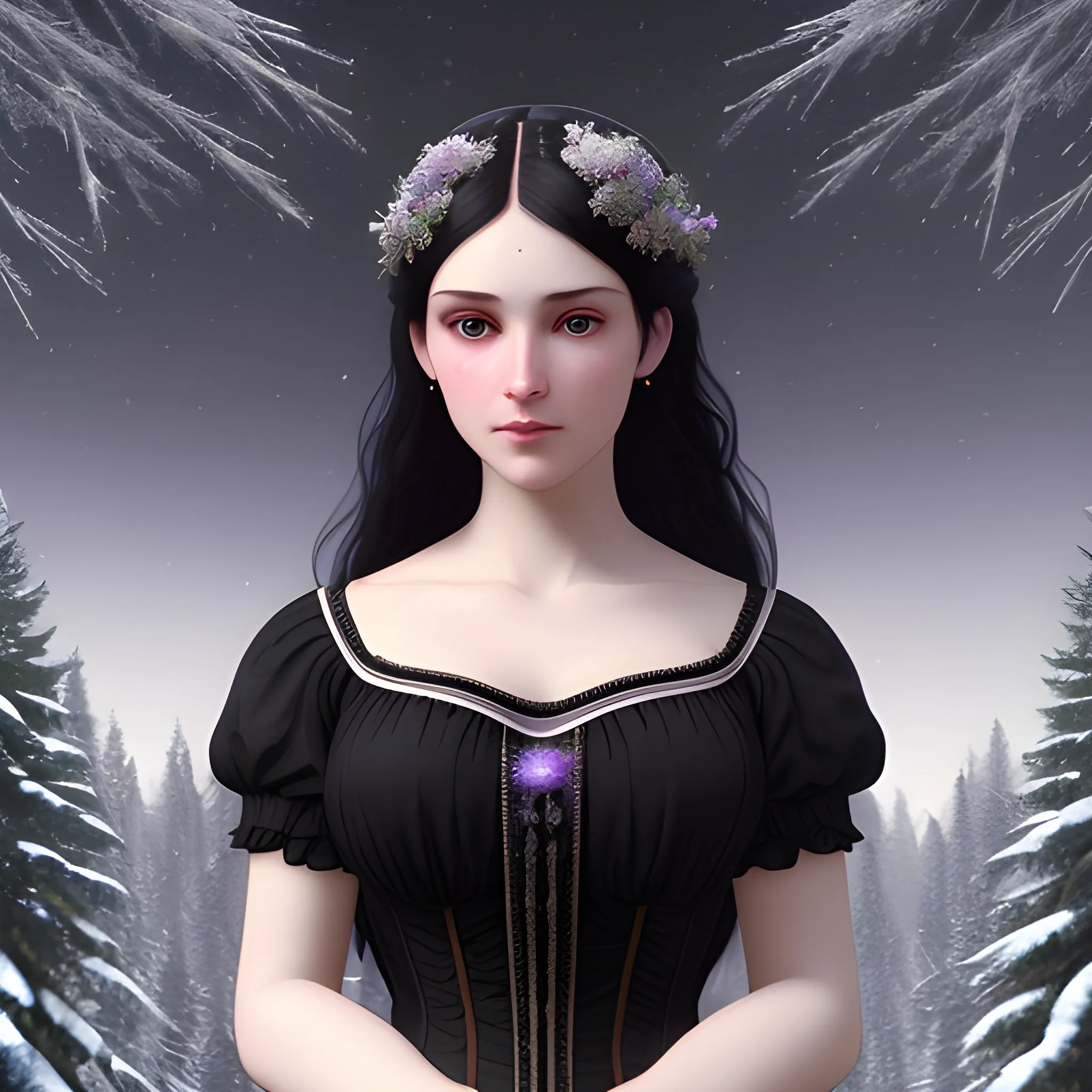 a pale woman with a highly detailed, perfect beautiful face, pale lavender eyes, meticulously detailed black long, flowing loose black hair and a purple dress; background is a snowy riverbank with pine trees, it's snowing; snow, snowflakes, glitter, luminos color sparkles, nebula sky, digital painting, artstation; Lisa Frank, artgerm, Greg Rutkowski, William-Adolphe Bouguereau, renaissance, Unreal Engine 5, 3D