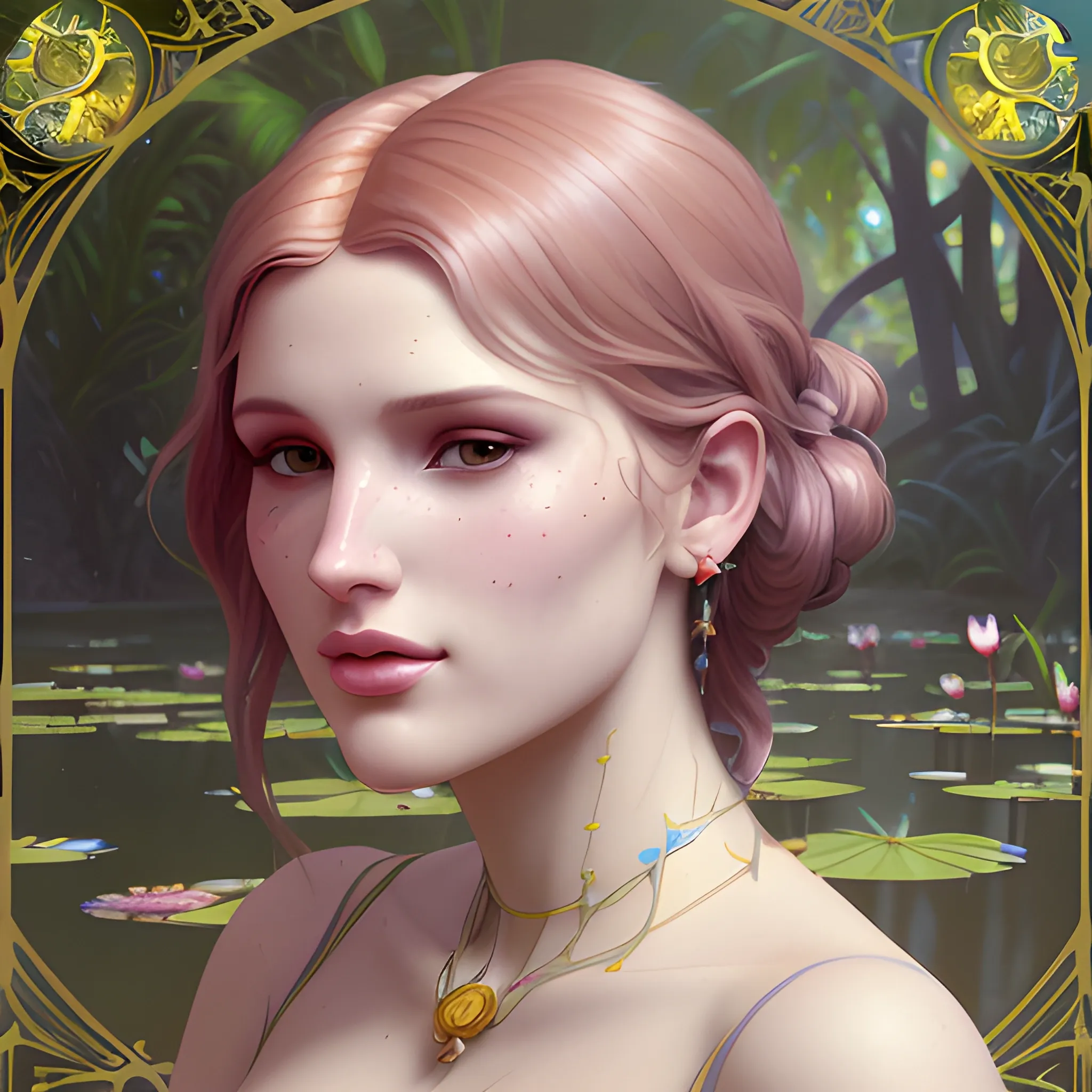 Bella Thorne at a lotus pond; highly detailed beautiful face; glitter, renaissance; high contrast, pastel, sorbet, pearlescent, Unreal Engine 5; by Dan Parent, Alphonse Mucha, Artgerm, WLOP, intricately detailed, fantasy, bizarre, beautiful, Chromolithography, Soft Shading, Unreal Engine; digital painting, smooth, sharp focus, illustration, art by lisa frank, Steve Goad, Frank Frazetta, William-Adolphe Bouguereau, Unreal Engine 5, Cartoon, 3D, Oil Painting, 3D