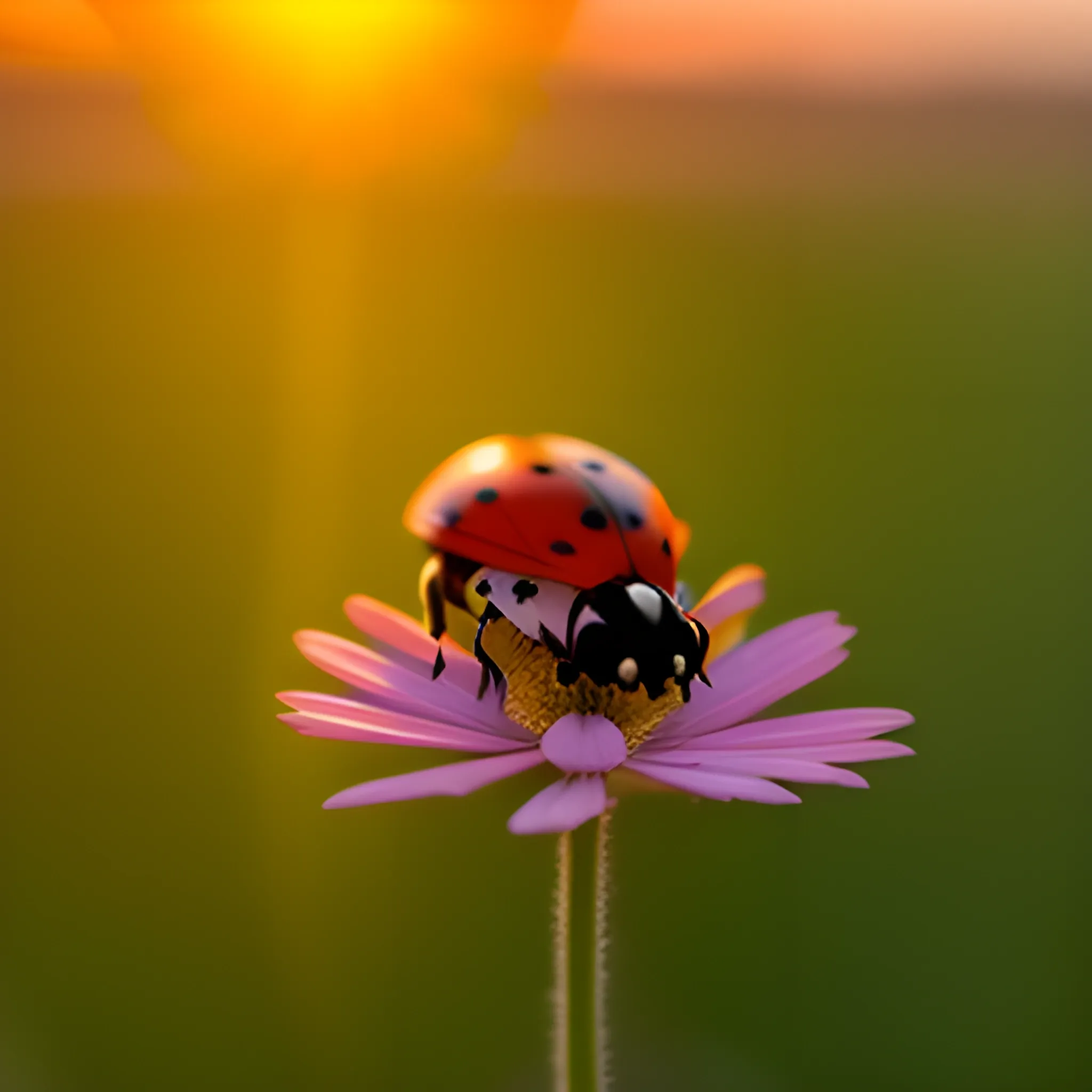 A ladybug lands on a flower while the sun is setting on the background