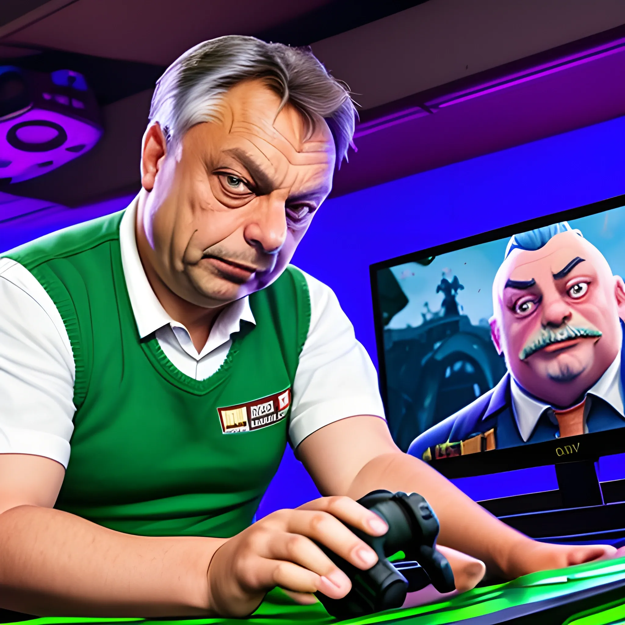 Viktor Orban, the prime minister of Hungary, is playing Fortnite with Gragas from League of Legends beside him