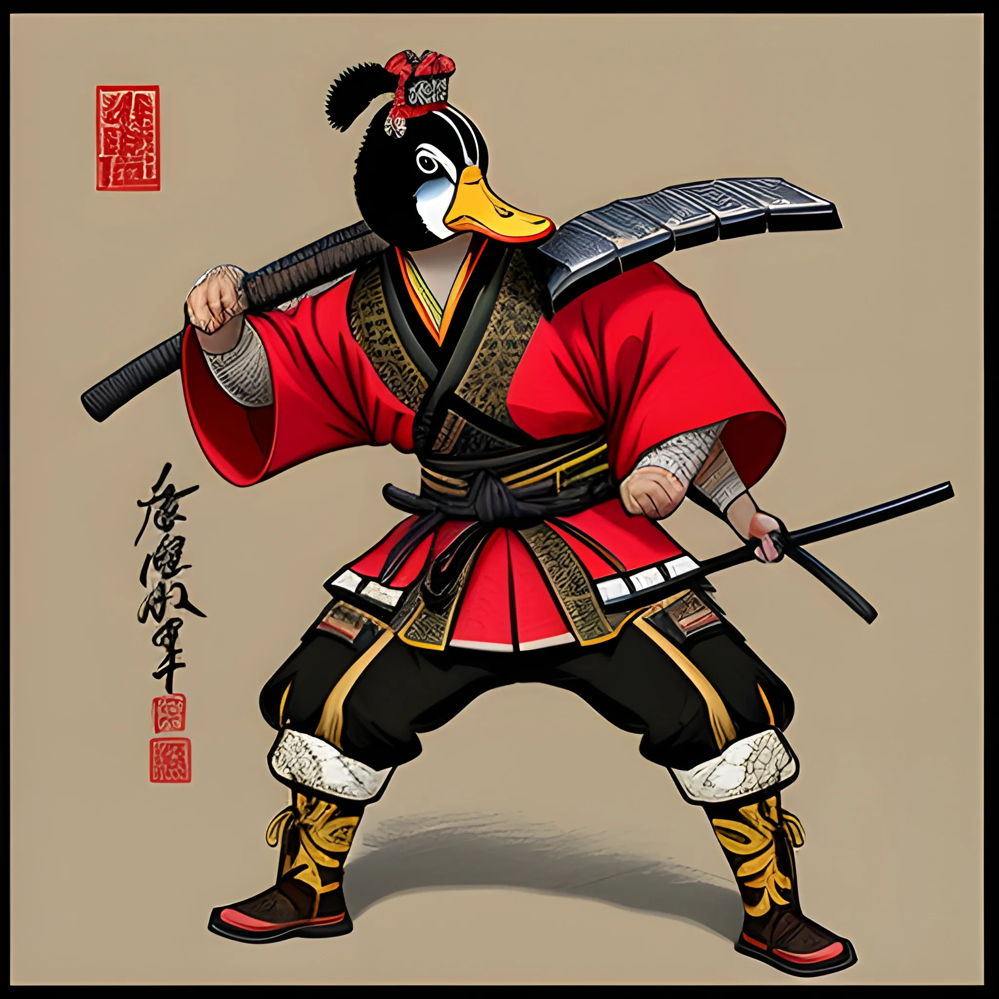 A duck dressed in a samurai dress fights for honor for protecting his flock and his only layer from an angry goose