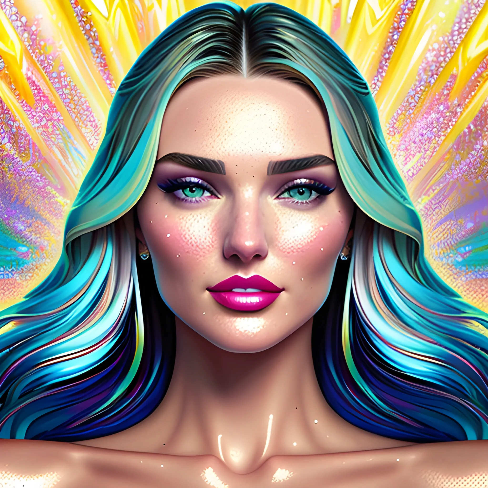 young Miranda Kerr / Candice Swanepoel / Elsa Hosk face morph, her highly detailed attractive face, meticulously detailed, multi-hued white-blond hair, blue eyes, dimple; supermodel, Victoria's Secret angel; by James R. Eads, Fausto-Giurescu, Tania Rivilis, Maxfield Parrish, Alphonse Mucha, Dan Mumford; luminous colorful sparkles, glitter, airbrush, depth of field, volumetric lighting Jason Beam art, Julie Bell art, Scott M Fischer, Neysa McMein, 3D