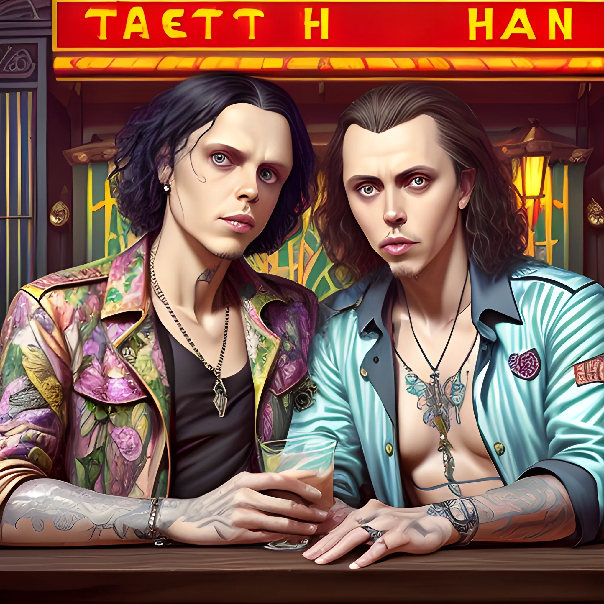 two men, Ville Valo and Tommy Cash at a tropical bar, highly detailed faces, modern American; by Lisa Frank, Daniel Gerhartz, Phil Noto art, Mucha, Manara; hyper-detailed, hyper-realistic, sharp focus; symmetrical face; textured shading, subtractive lighting, Unreal Engine, 3D