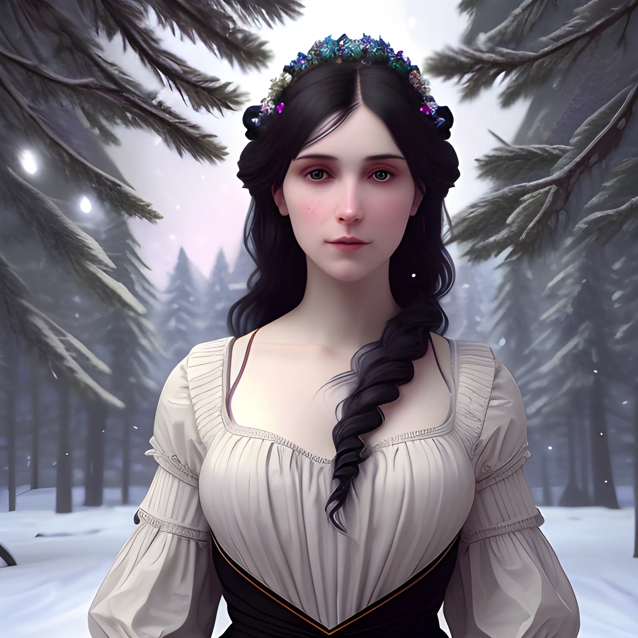 a pale woman with a highly detailed, perfect beautiful face, pale lavender eyes, meticulously detailed black long, flowing loose black hair and a purple dress; background is a snowy riverbank with pine trees, it's snowing; snow, snowflakes, glitter, luminos color sparkles, nebula sky, digital painting, artstation; Lisa Frank, artgerm, Greg Rutkowski, William-Adolphe Bouguereau, renaissance, Unreal Engine 5, 3D