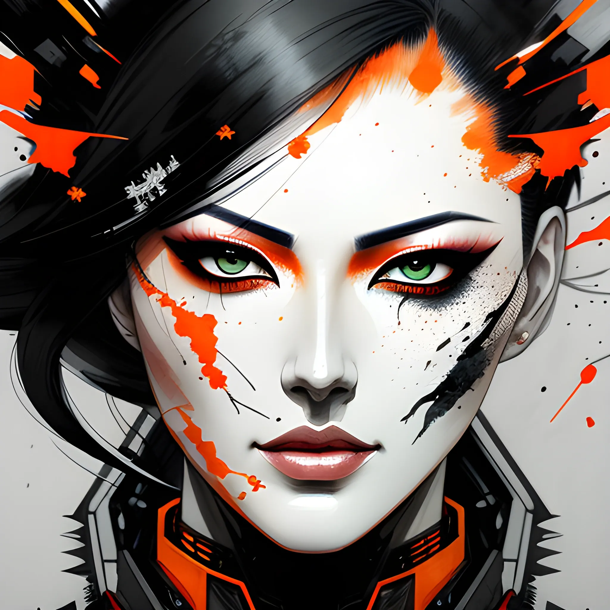 face portrait of MeiyuCipher 1girl orange spike aura in motion, damaged chinese clothes, floating pieces, trending on artstation, sharp focus, intricate details, highly detailed, detailed face (ink and watercolor painting, brushstrokes, by Russ Mills and Yoji Shinkawa) best quality, absurdres, (negative space) , <lora:GlowingRunesAIV3:0.5>