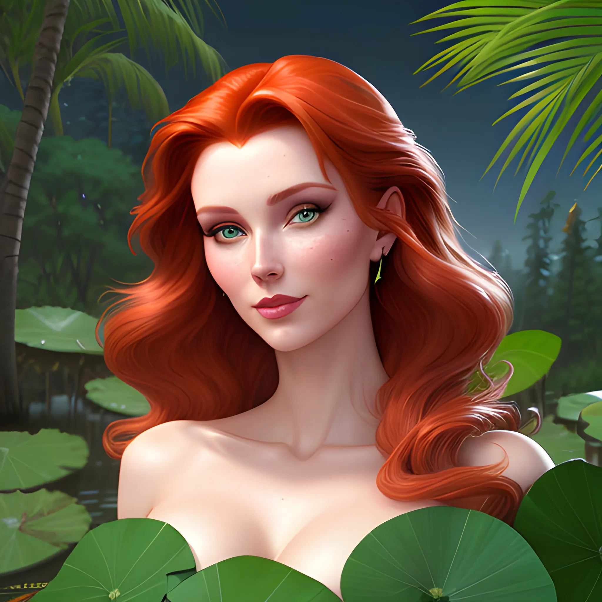 Elsa Hosk / Shanina Sheik / Robyn Lively face morph in a deep green pine tree forest; red hair, green eyes, highly detailed beautiful face; glitter, high contrast, pastel, sorbet, pearlescent, by Dan Parent, Artgerm, WLOP, intricately detailed, fantasy, beautiful, Chromolithography, Soft Shading, Unreal Engine; digital painting, smooth, sharp focus, illustration, art by lisa frank, Steve Goad, Frank Frazetta, William-Adolphe Bouguereau, Unreal Engine 5, Cartoon, 3D, Oil Painting, lotus pond