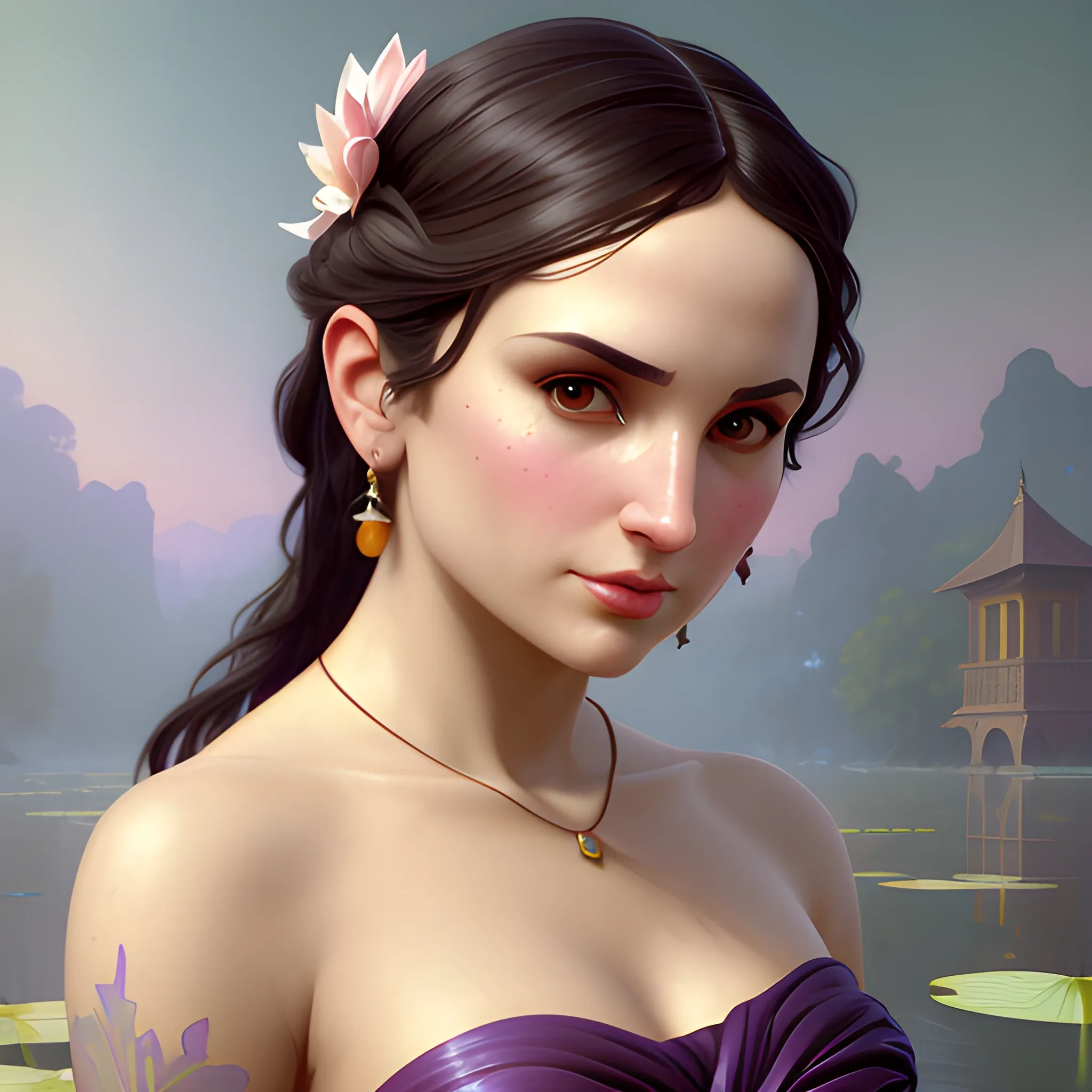 Rachel Leigh Cook at a lotus pond; highly detailed beautiful face; glitter, renaissance; high contrast, pastel, sorbet, pearlescent, underwater, surreal, Unreal Engine 5; by Dan Parent, Alphonse Mucha, Artgerm, WLOP, intricately detailed, fantasy, bizarre, beautiful, Chromolithography, Soft Shading, Unreal Engine; digital painting, smooth, sharp focus, illustration, art by lisa frank, Steve Goad, Frank Frazetta, William-Adolphe Bouguereau, Unreal Engine 5, Cartoon, 3D, Oil Painting, 3D