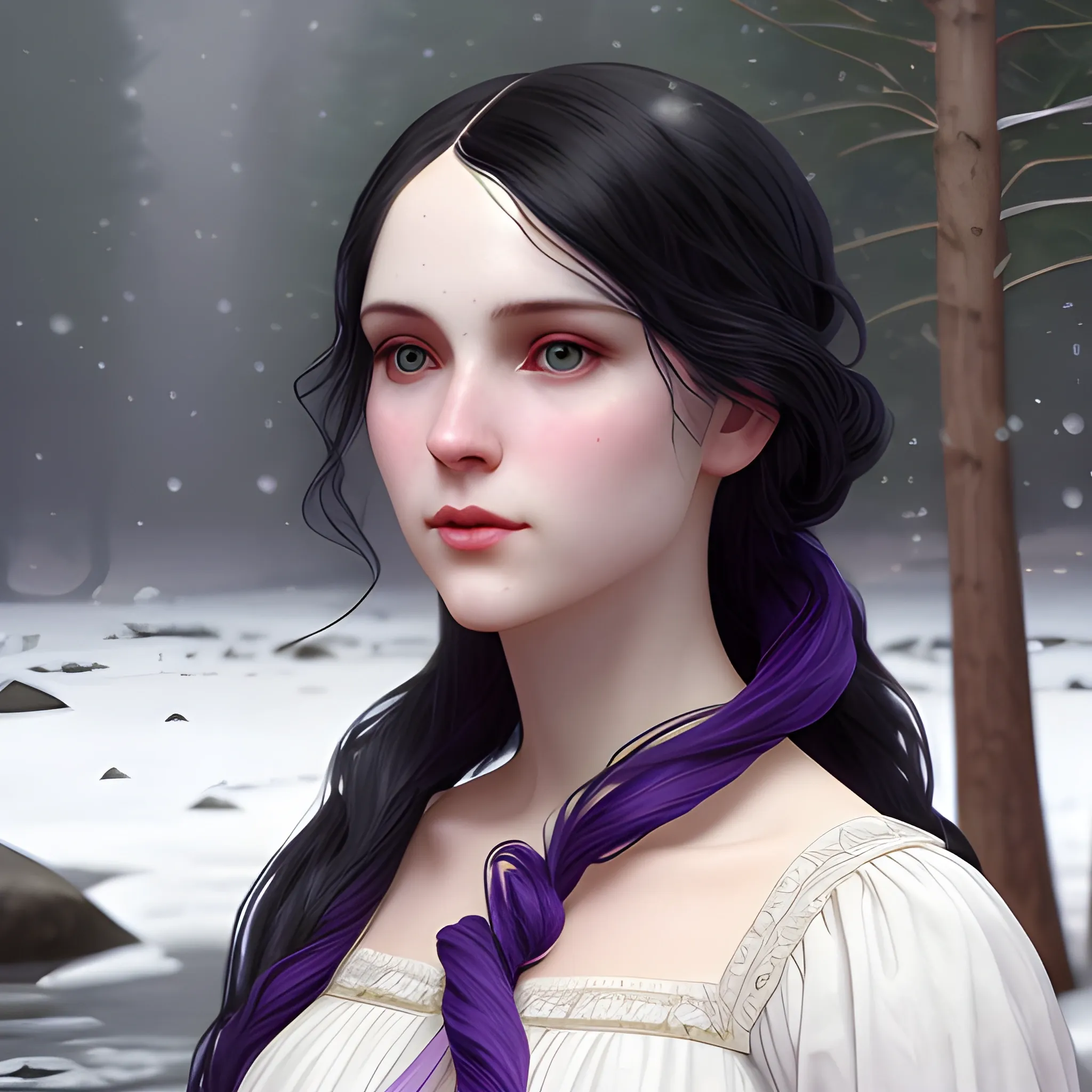 a pale woman with a highly detailed, perfect beautiful face, pale lavender eyes, meticulously detailed black long, flowing loose black hair and a purple dress; background is a snowy riverbank with pine trees, it's snowing; snow, snowflakes, glitter, luminos color sparkles, nebula sky, digital painting, artstation; Lisa Frank, artgerm, Greg Rutkowski, William-Adolphe Bouguereau, renaissance, Unreal Engine 5, 3D