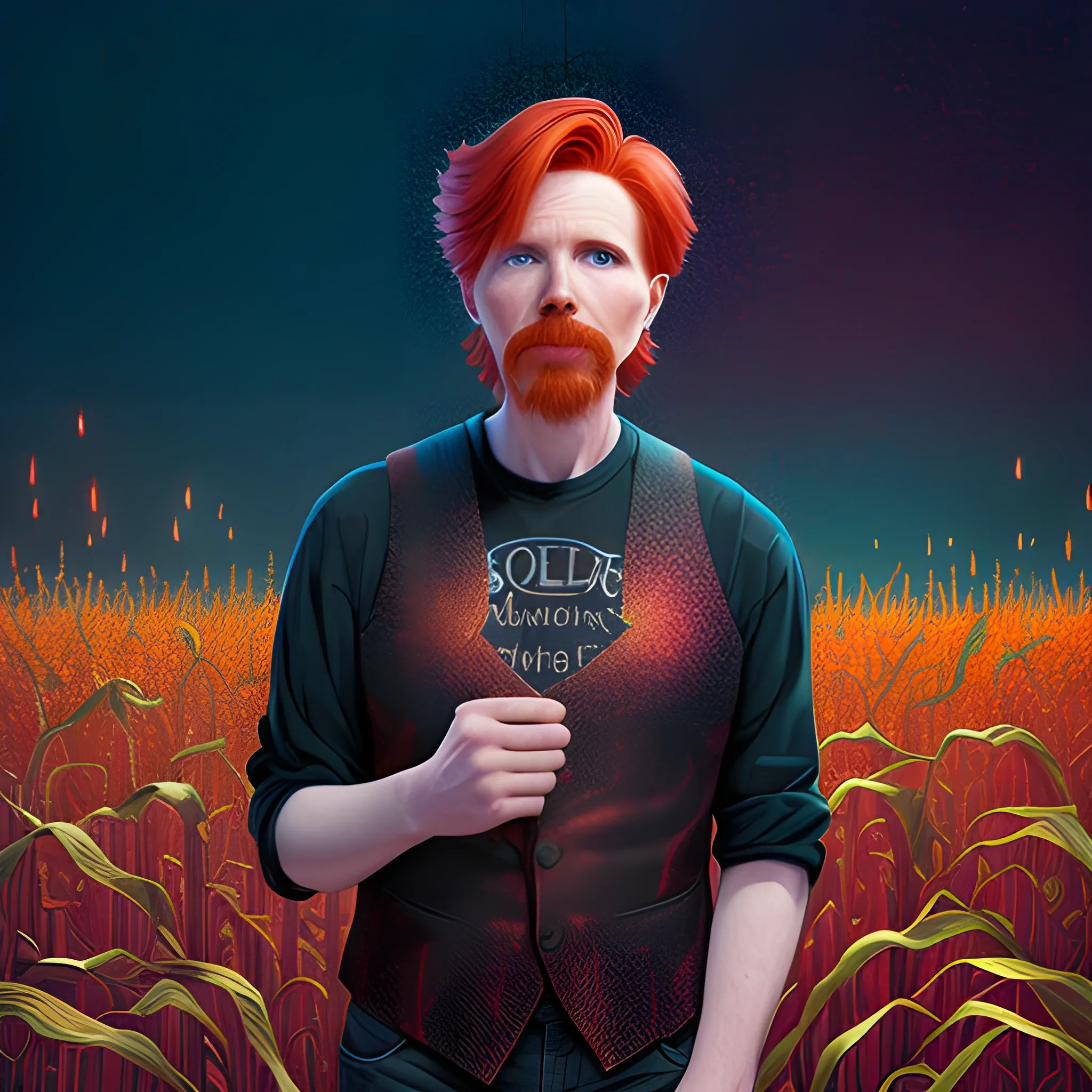 male actor Courtney Gains, his highly detailed handsome face, meticulously detailed multi-hued red hair, standing in tall corn, cornfield, nebula sky; by James R. Eads, Fausto-Giurescu, Tania Rivilis, Renata-s-art, Dan Mumford; luminous colorful sparkles, glitter, airbrush, depth of field, volumetric lighting, deep color, underground comix, 3D