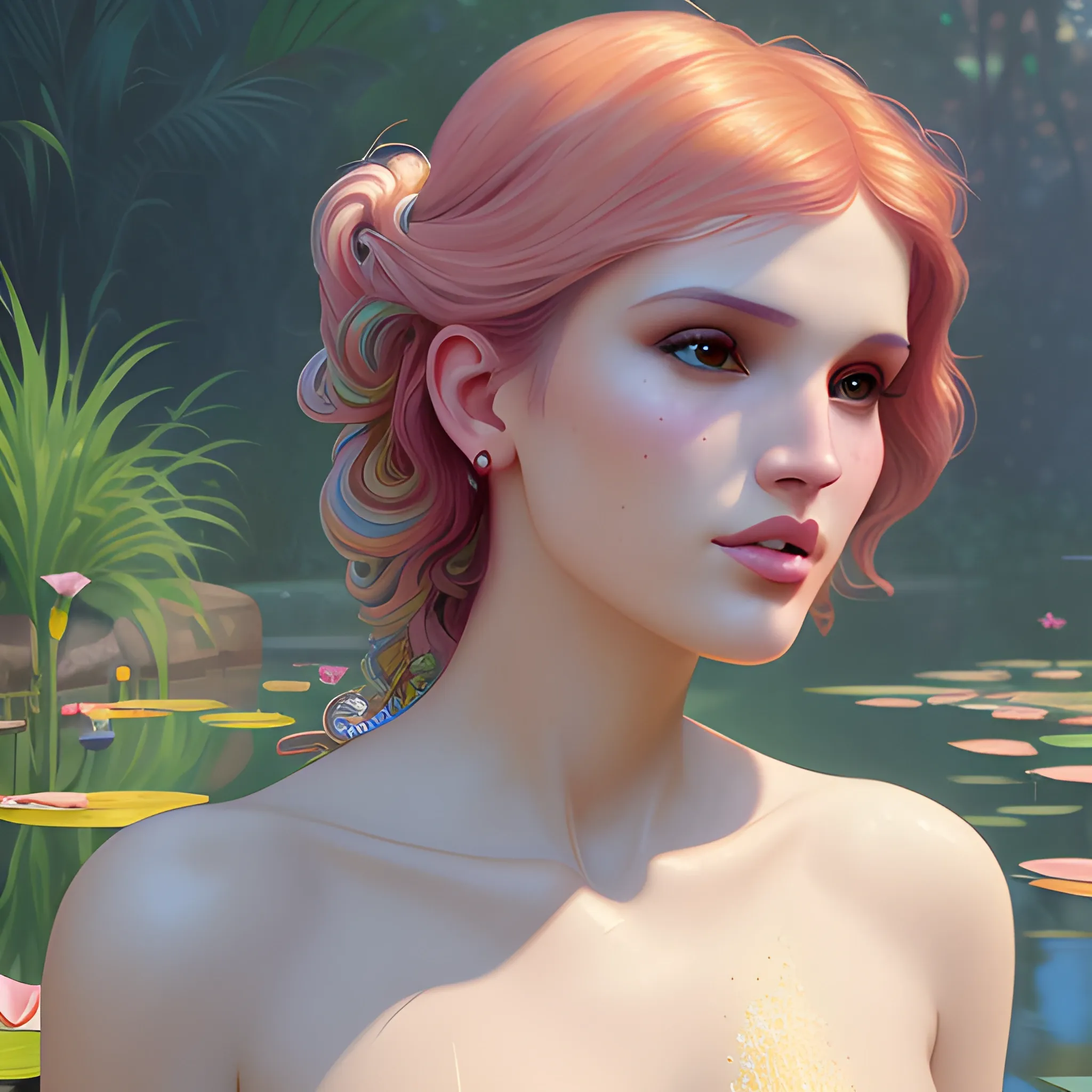 Bella Thorne at a lotus pond; highly detailed beautiful face; glitter, renaissance; high contrast, pastel, sorbet, pearlescent, Unreal Engine 5; by Dan Parent, Alphonse Mucha, Artgerm, WLOP, intricately detailed, fantasy, bizarre, beautiful, Chromolithography, Soft Shading, Unreal Engine; digital painting, smooth, sharp focus, illustration, art by lisa frank, Steve Goad, Frank Frazetta, William-Adolphe Bouguereau, Unreal Engine 5, Cartoon, 3D, Oil Painting, 3D