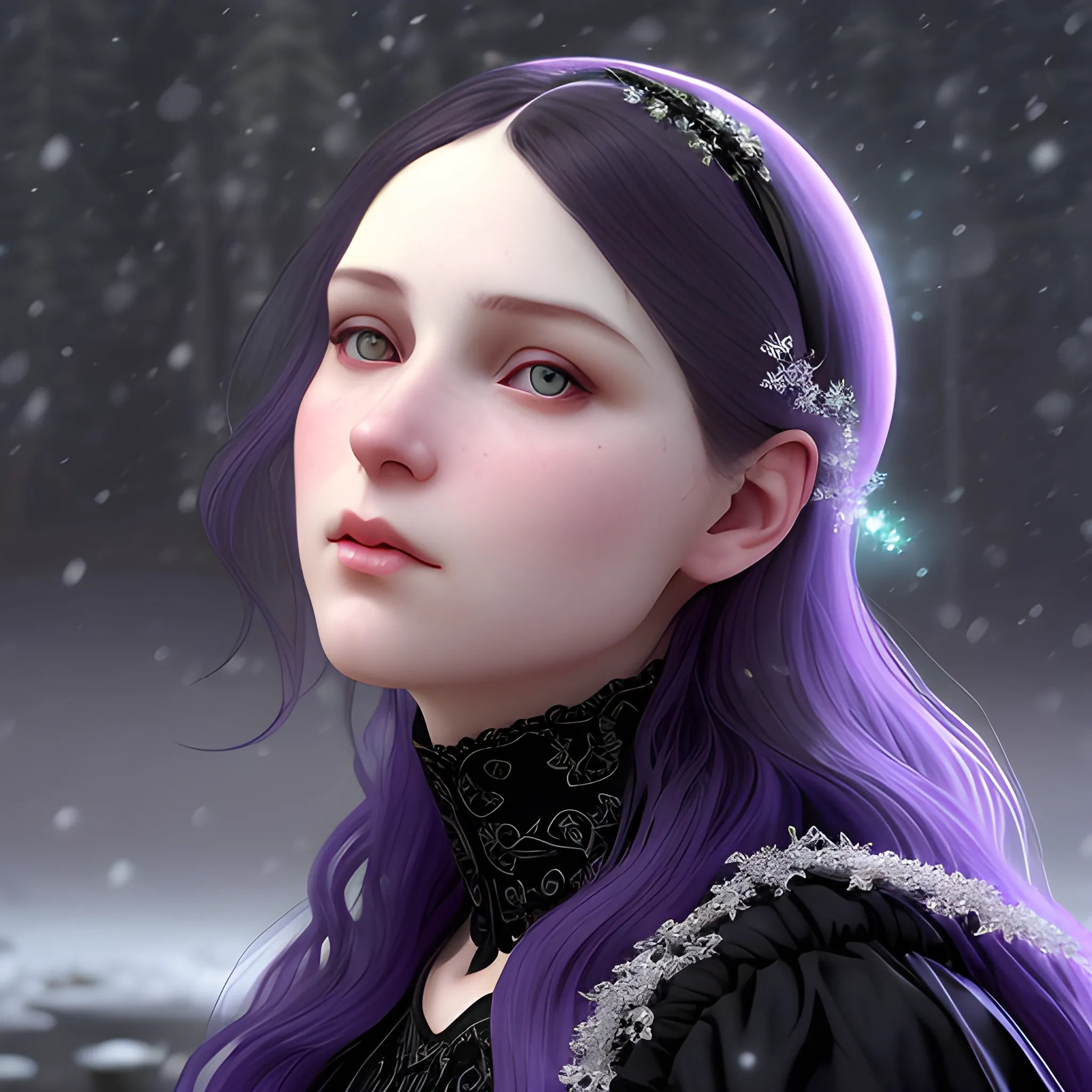 a pale woman with a highly detailed, perfect beautiful face, pale lavender eyes, meticulously detailed black long, flowing loose black hair and a purple dress; background is a snowy riverbank with pine trees, it's snowing; snow, snowflakes, glitter, luminos color sparkles, nebula sky, digital painting, artstation; Lisa Frank, artgerm, Greg Rutkowski, William-Adolphe Bouguereau, renaissance, Unreal Engine 5, 3D