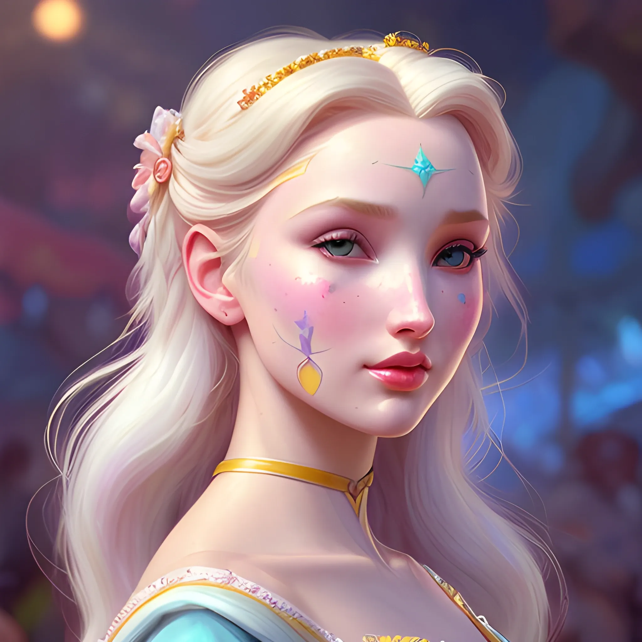 Elsa Hosk / Dove Cameron face morph at a carnival; highly detailed beautiful face; glitter, renaissance; high contrast, cotton candy, pastel, sorbet, pearlescent, Unreal Engine 5; by Dan Parent, Alphonse Mucha, Artgerm, WLOP, intricately detailed, fantasy, bizarre, beautiful, Chromolithography, Soft Shading, Unreal Engine; digital painting, smooth, sharp focus, illustration, art by lisa frank, Steve Goad, Frank Frazetta, William-Adolphe Bouguereau, Unreal Engine 5, Cartoon, 3D, Oil Painting, 3D