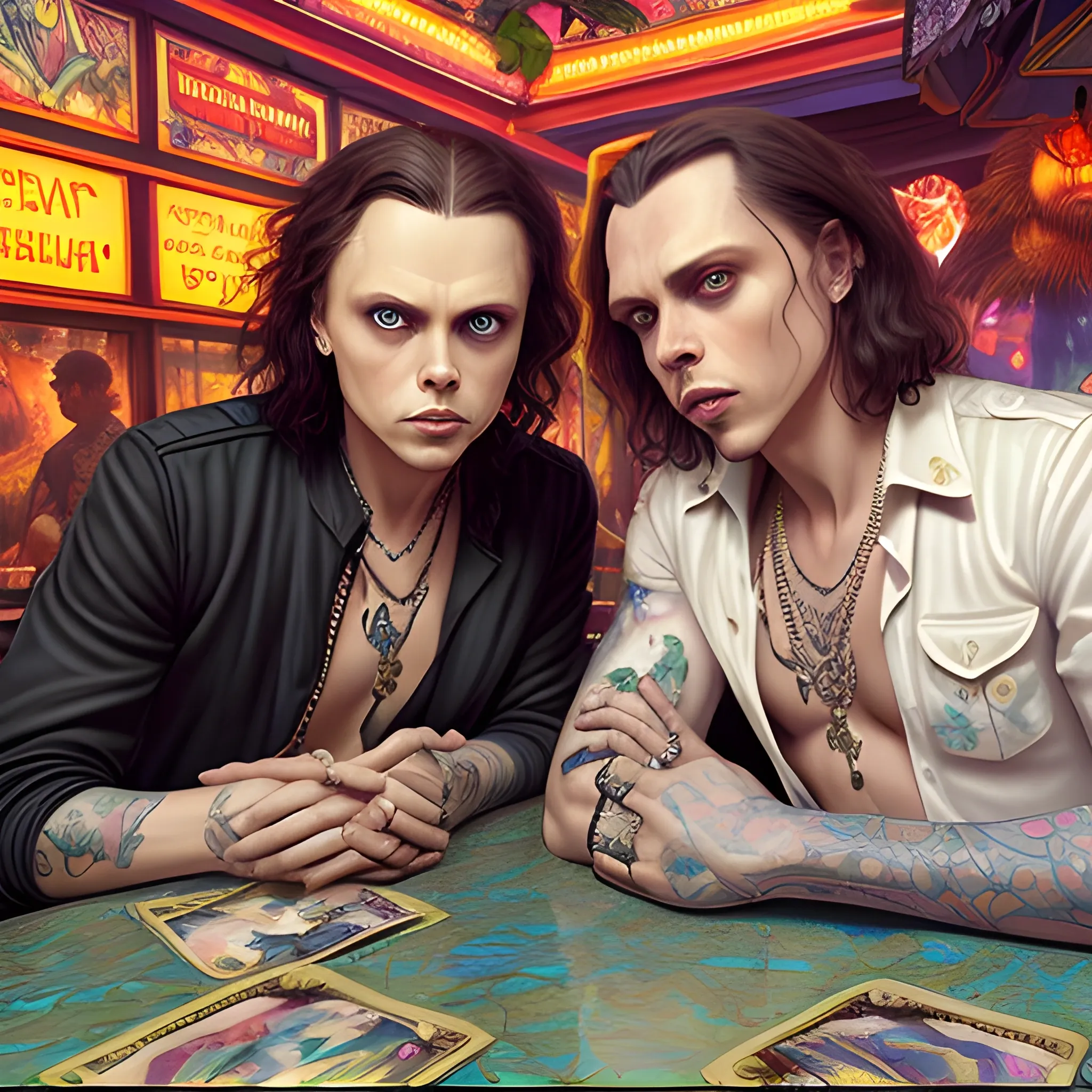 two men, Ville Valo and Tommy Cash at a tropical bar, highly detailed faces, modern American; by Lisa Frank, Daniel Gerhartz, Phil Noto art, Mucha, Manara; hyper-detailed, hyper-realistic, sharp focus; symmetrical face; textured shading, subtractive lighting, Unreal Engine, 3D