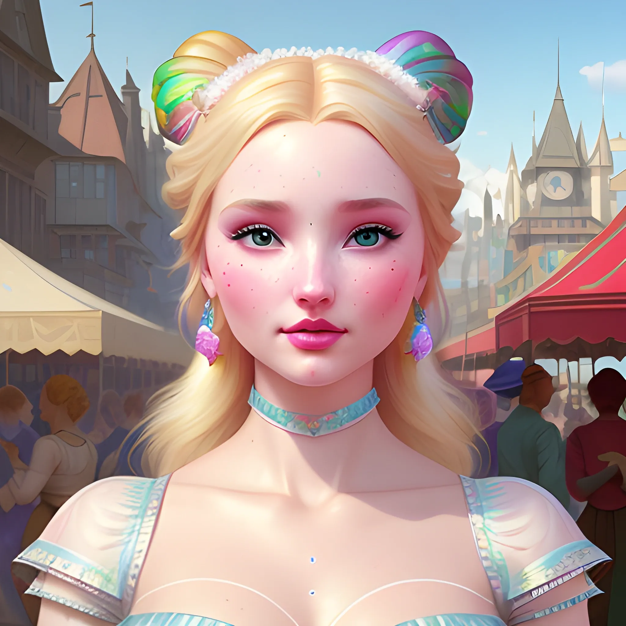 Elsa Hosk / Dove Cameron face morph at a carnival; highly detailed beautiful face; glitter, renaissance; high contrast, cotton candy, pastel, sorbet, pearlescent, Unreal Engine 5; by Dan Parent, Alphonse Mucha, Artgerm, WLOP, intricately detailed, fantasy, bizarre, beautiful, Chromolithography, Soft Shading, Unreal Engine; digital painting, smooth, sharp focus, illustration, art by lisa frank, Steve Goad, Frank Frazetta, William-Adolphe Bouguereau, Unreal Engine 5, Cartoon, 3D, Oil Painting, 3D, Cartoon