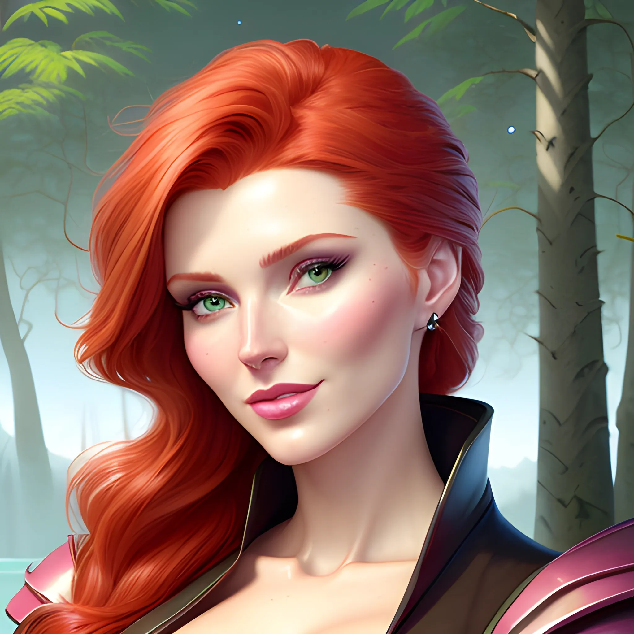 Elsa Hosk / Shanina Sheik / Robyn Lively face morph in a deep green pine tree forest; red hair, green eyes, highly detailed beautiful face; glitter, high contrast, pastel, sorbet, pearlescent, by Dan Parent, Artgerm, WLOP, intricately detailed, fantasy, beautiful, Chromolithography, Soft Shading, Unreal Engine; digital painting, smooth, sharp focus, illustration, art by lisa frank, Steve Goad, Frank Frazetta, William-Adolphe Bouguereau, Unreal Engine 5, Cartoon, 3D, Oil Painting, lotus pond