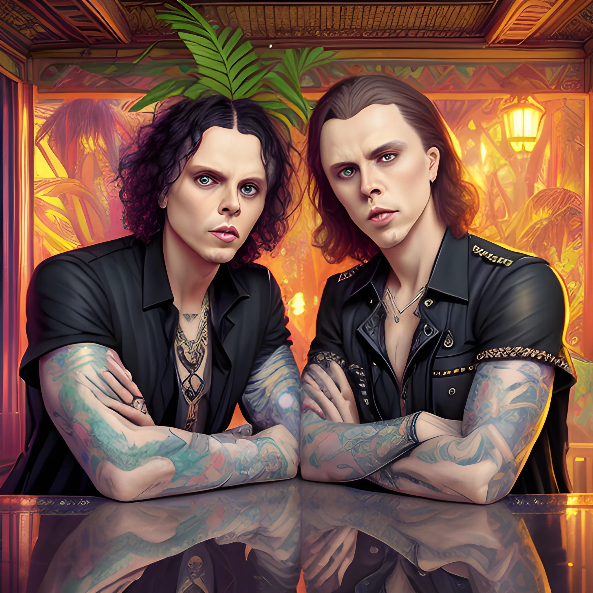 two men, Ville Valo and Tommy Cash at a tropical bar, highly detailed faces, modern American; by Lisa Frank, Daniel Gerhartz, Phil Noto art, Mucha, Manara; hyper-detailed, hyper-realistic, sharp focus; symmetrical face; textured shading, subtractive lighting, Unreal Engine, 3D