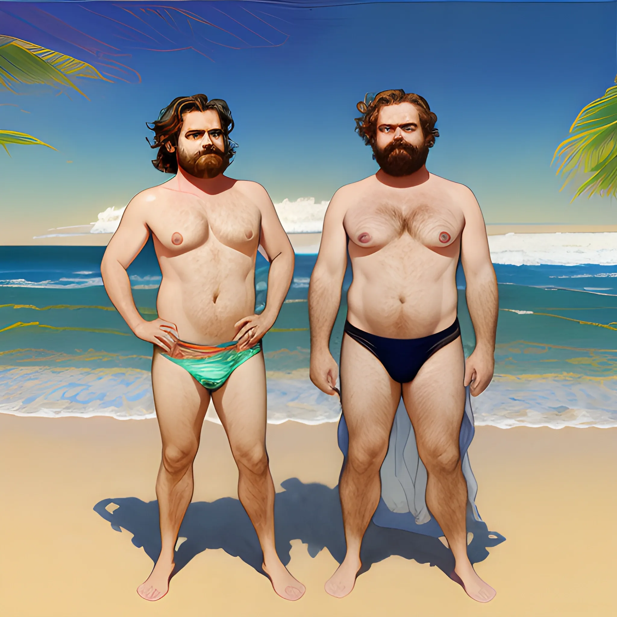 Joaquin Phoenix and Zach Galifianakis on a beach; highly detailed faces, modern American; by Lisa Frank, Daniel Gerhartz, Phil Noto art, Mucha, Manara; hyper-detailed, hyper-realistic, sharp focus; symmetrical face; textured shading, subtractive lighting, Unreal Engine, 3D