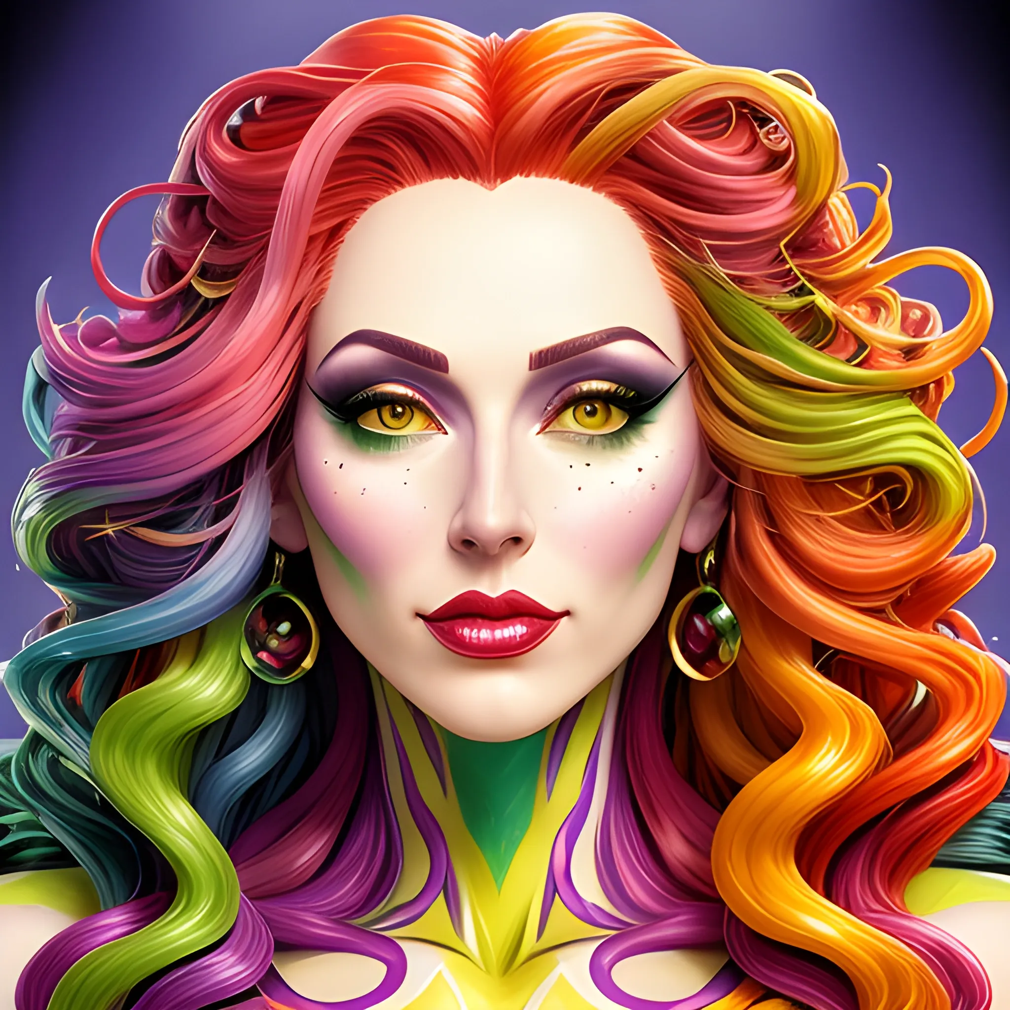 comic book version of young Strawberry Shortcake / Rainbow Brite face morph as a marijuana Goddess, pretty and highly detailed face, meticulously detailed multi-hued long curly red hair; surrounded by luminous color sparkles and marijuana plants, lemon slices; modern American; by Dan Parent art, Daniel Gerhartz, Lisa Frank, Sienkiewicz, Mucha, jim lee art; hyper-detailed, hyper-realistic, sharp focus; symmetrical face; textured shading, subtractive lighting, marijuana, lemons, pomegranate arils, 3D