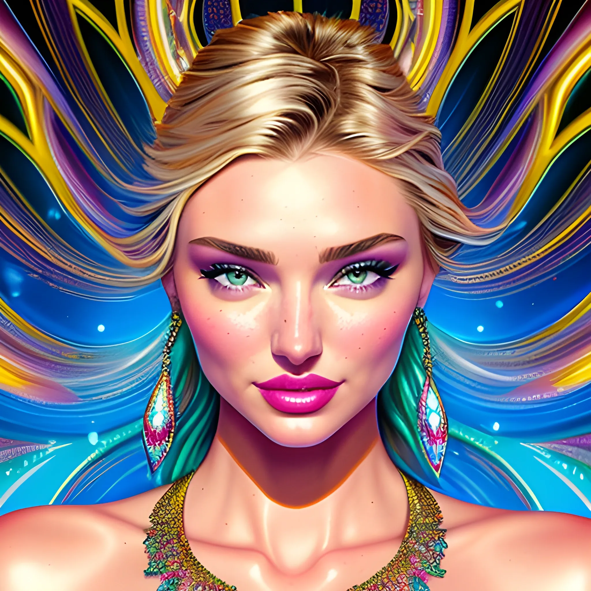 young Miranda Kerr / Candice Swanepoel / Elsa Hosk face morph, her highly detailed attractive face, meticulously detailed, multi-hued white-blond hair, blue eyes, dimple; supermodel, Victoria's Secret angel; by James R. Eads, Fausto-Giurescu, Tania Rivilis, Maxfield Parrish, Alphonse Mucha, Dan Mumford; luminous colorful sparkles, glitter, airbrush, depth of field, volumetric lighting Jason Beam art, Julie Bell art, Scott M Fischer, Neysa McMein, 3D