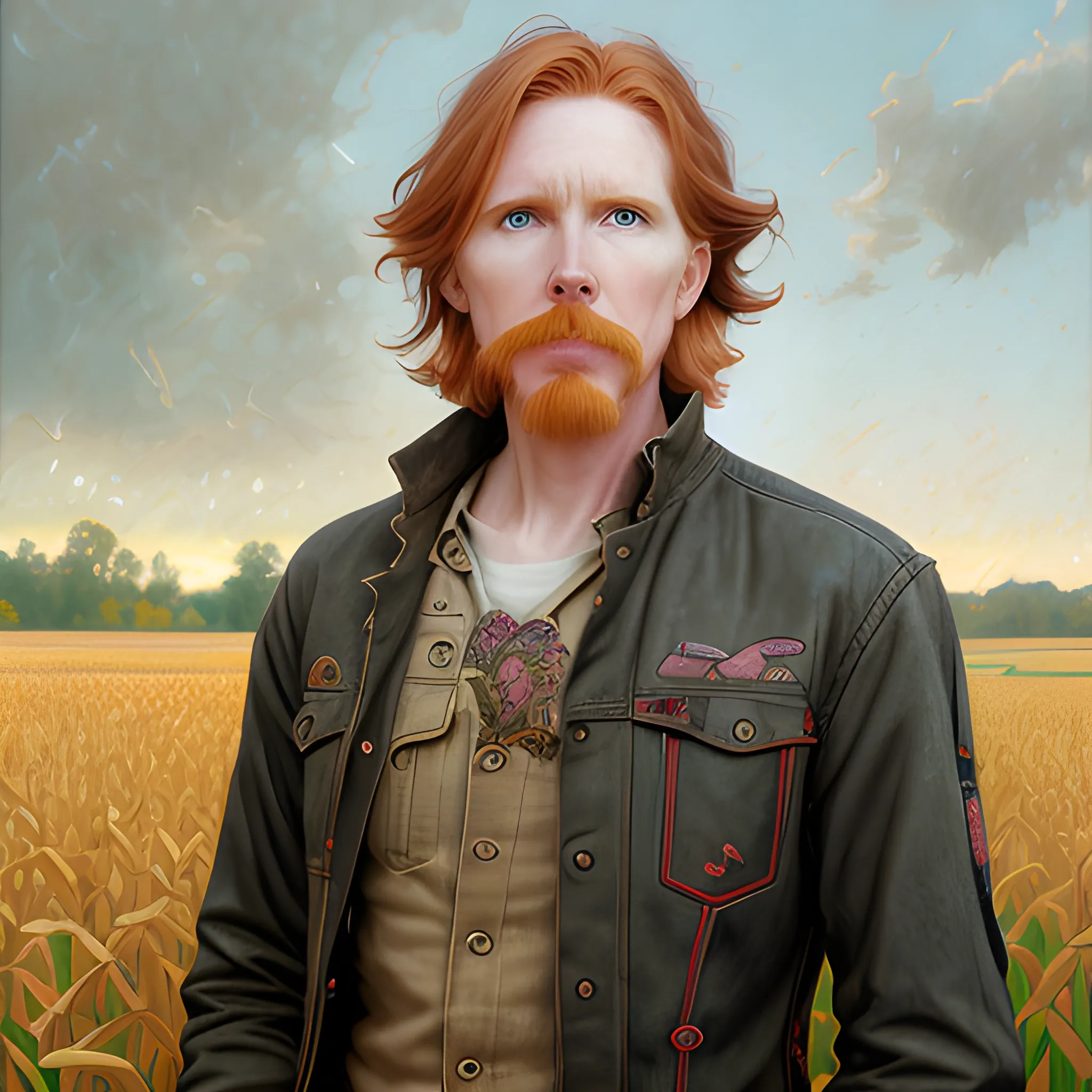 Courtney Gains, at a cornfield, highly detailed softly freckled face, dark red long feathered hair, modern American; by Lisa Frank, Daniel Gerhartz, Phil Noto art, Mucha, Manara; hyper-detailed, hyper-realistic, sharp focus; symmetrical face; textured shading, subtractive lighting, Unreal Engine
