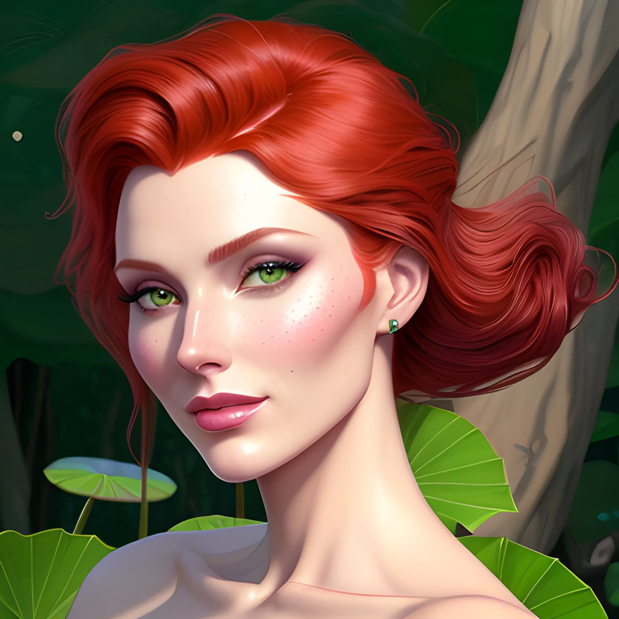 Elsa Hosk / Shanina Sheik / Robyn Lively face morph in a deep green pine tree forest; red hair, green eyes, highly detailed beautiful face; glitter, high contrast, pastel, sorbet, pearlescent, by Dan Parent, Artgerm, WLOP, intricately detailed, fantasy, beautiful, Chromolithography, Soft Shading, Unreal Engine; digital painting, smooth, sharp focus, illustration, art by lisa frank, Steve Goad, Frank Frazetta, William-Adolphe Bouguereau, Unreal Engine 5, Cartoon, 3D, Oil Painting, lotus pond