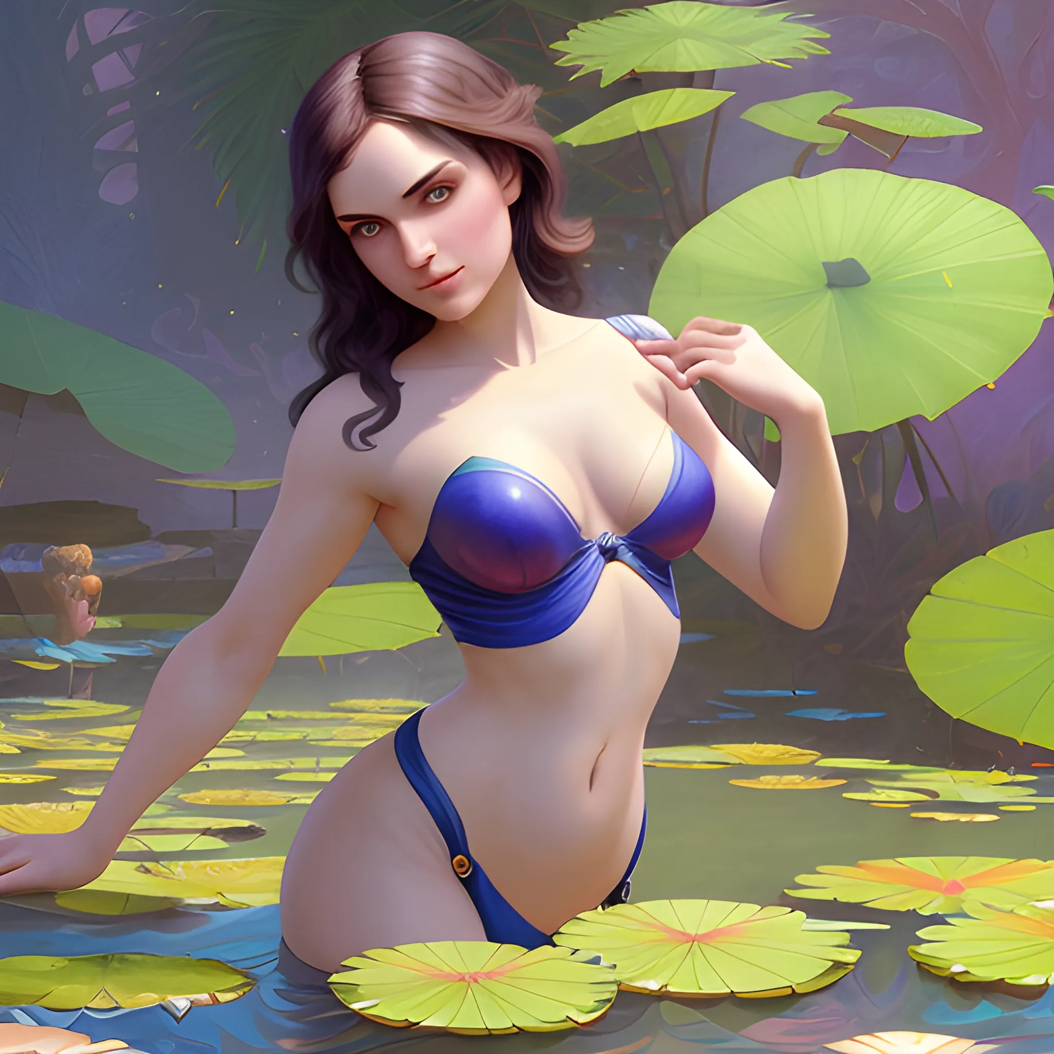 Rachel Leigh Cook at a lotus pond; highly detailed beautiful face; glitter, renaissance; high contrast, pastel, sorbet, pearlescent, underwater, surreal, Unreal Engine 5; by Dan Parent, Alphonse Mucha, Artgerm, WLOP, intricately detailed, fantasy, bizarre, beautiful, Chromolithography, Soft Shading, Unreal Engine; digital painting, smooth, sharp focus, illustration, art by lisa frank, Steve Goad, Frank Frazetta, William-Adolphe Bouguereau, Unreal Engine 5, Cartoon, 3D, Oil Painting, 3D