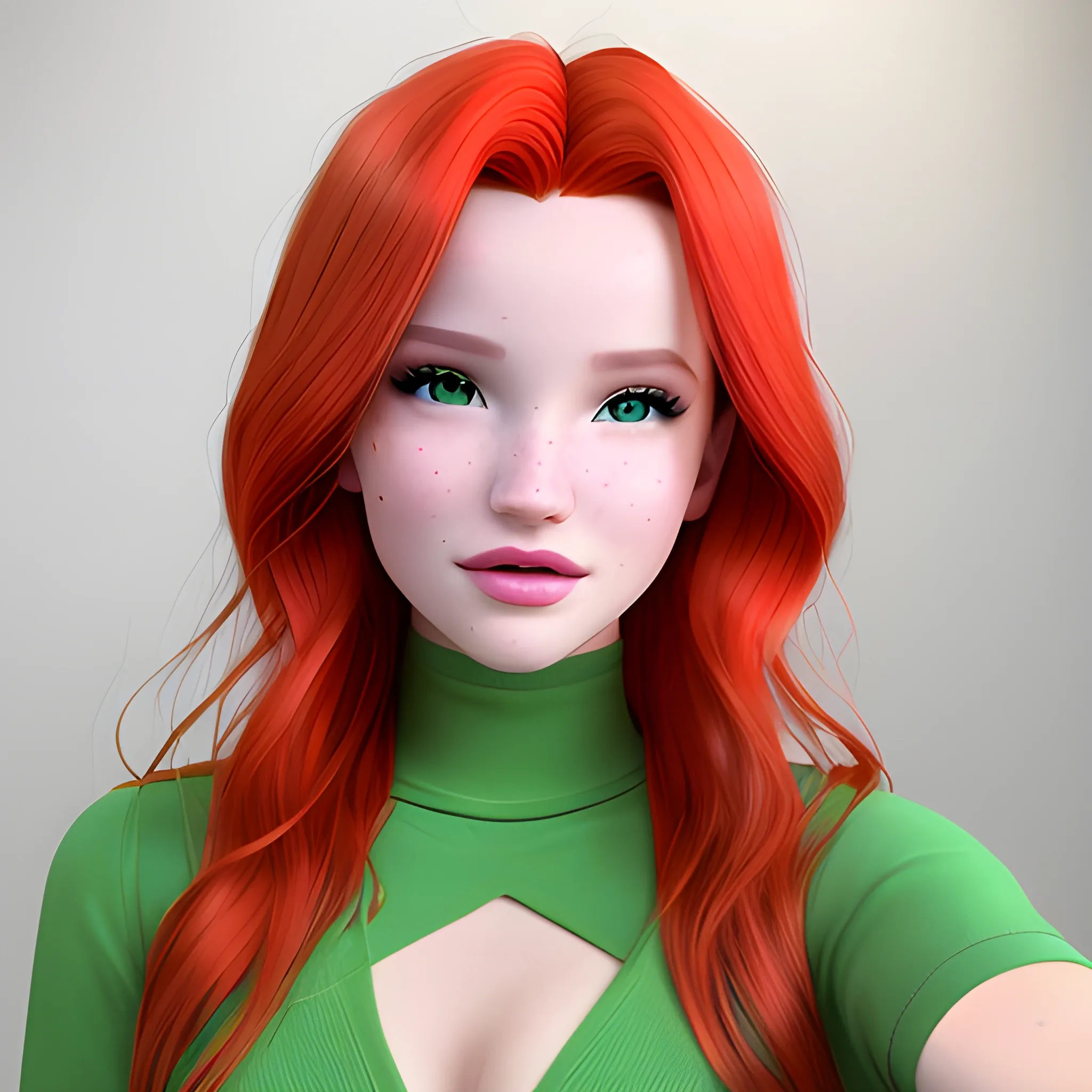 Bella Thorne / Dove Cameron face morph, green eyes, red hair, 3D