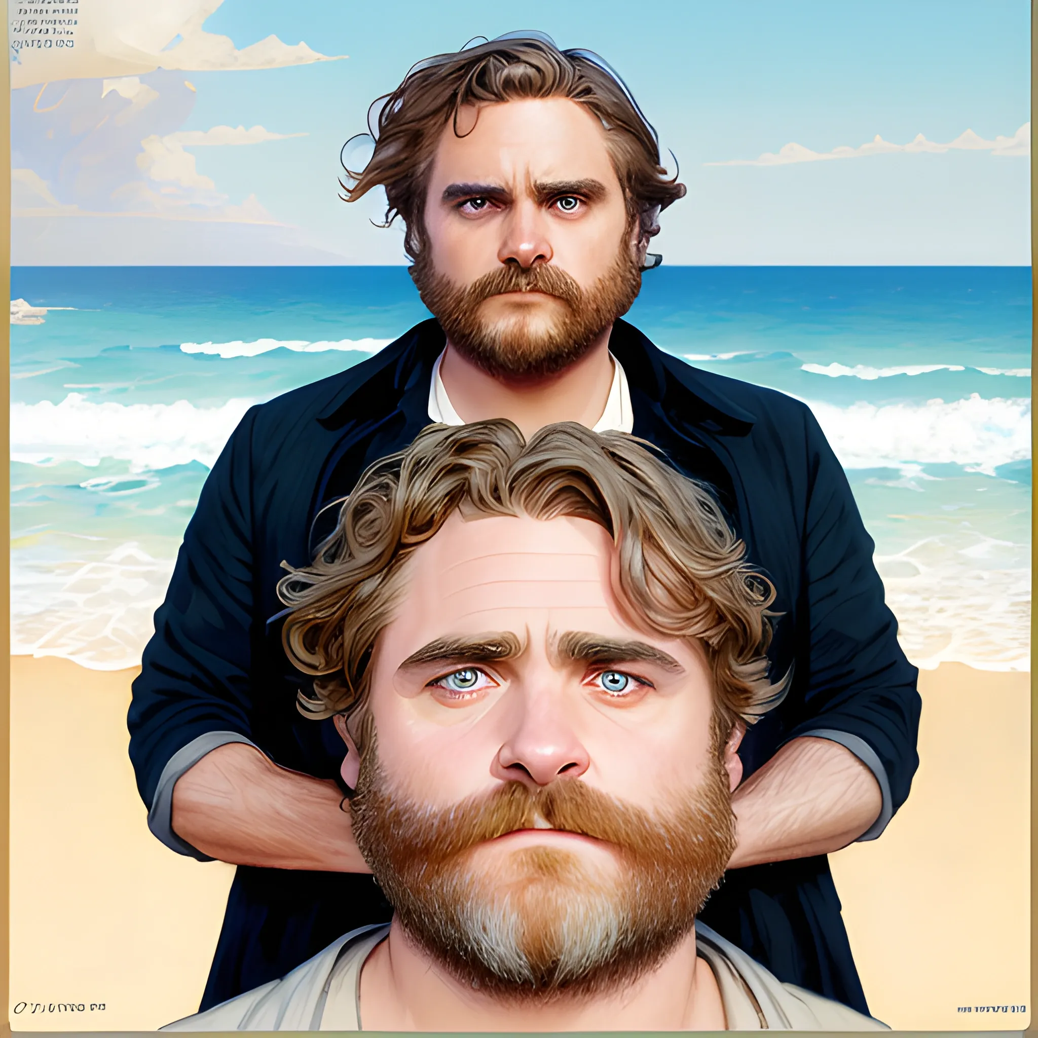 Joaquin Phoenix and Zach Galifianakis on a beach; highly detailed faces, modern American; by Lisa Frank, Daniel Gerhartz, Phil Noto art, Mucha, Manara; hyper-detailed, hyper-realistic, sharp focus; symmetrical face; textured shading, subtractive lighting, Unreal Engine, 3D