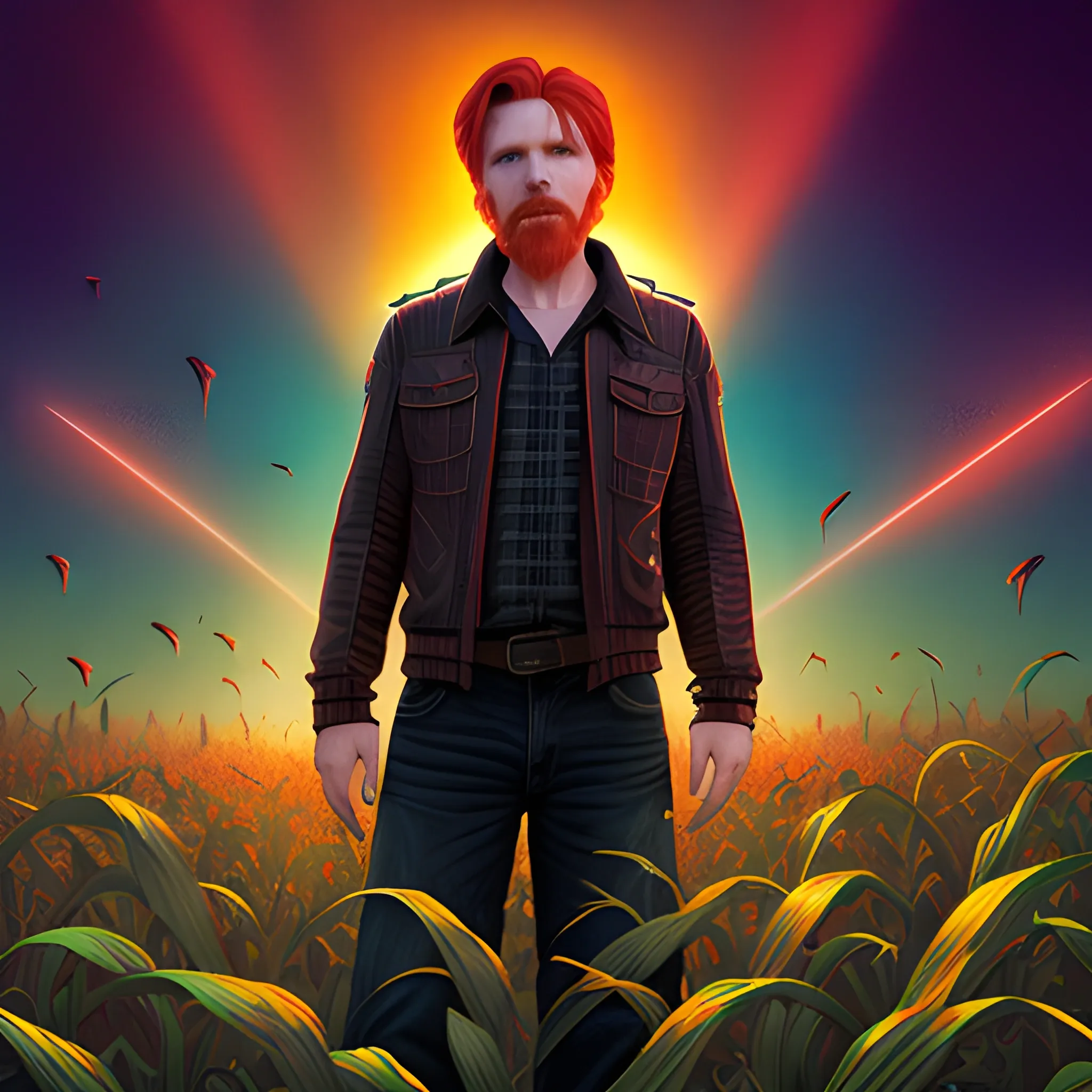 male actor Courtney Gains, his highly detailed handsome face, meticulously detailed multi-hued red hair, standing in tall corn, cornfield, nebula sky; by James R. Eads, Fausto-Giurescu, Tania Rivilis, Renata-s-art, Dan Mumford; luminous colorful sparkles, glitter, airbrush, depth of field, volumetric lighting, deep color, underground comix, 3D