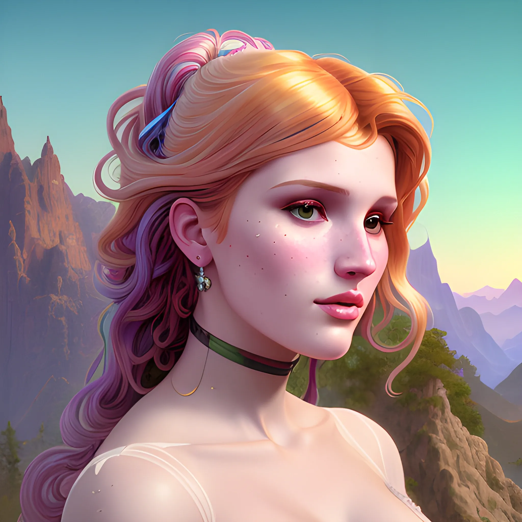 Bella Thorne by a mountain range; highly detailed beautiful face; glitter, renaissance; high contrast, pastel, sorbet, pearlescent, Unreal Engine 5; by Dan Parent, Alphonse Mucha, Artgerm, WLOP, intricately detailed, fantasy, bizarre, beautiful, Chromolithography, Soft Shading, Unreal Engine; digital painting, smooth, sharp focus, illustration, art by lisa frank, Steve Goad, Frank Frazetta, William-Adolphe Bouguereau, Unreal Engine 5, Cartoon, 3D, Oil Painting, 3D