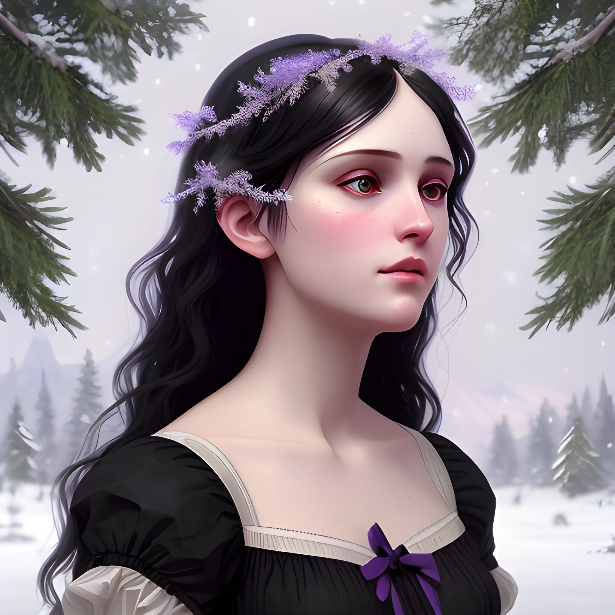 a pale woman with a highly detailed, perfect beautiful face, pale lavender eyes, meticulously detailed black long, flowing loose black hair and a purple dress; background is a snowy riverbank with pine trees, it's snowing; snow, snowflakes, glitter, luminos color sparkles, nebula sky, digital painting, artstation; Lisa Frank, artgerm, Greg Rutkowski, William-Adolphe Bouguereau, renaissance, Unreal Engine 5, 3D