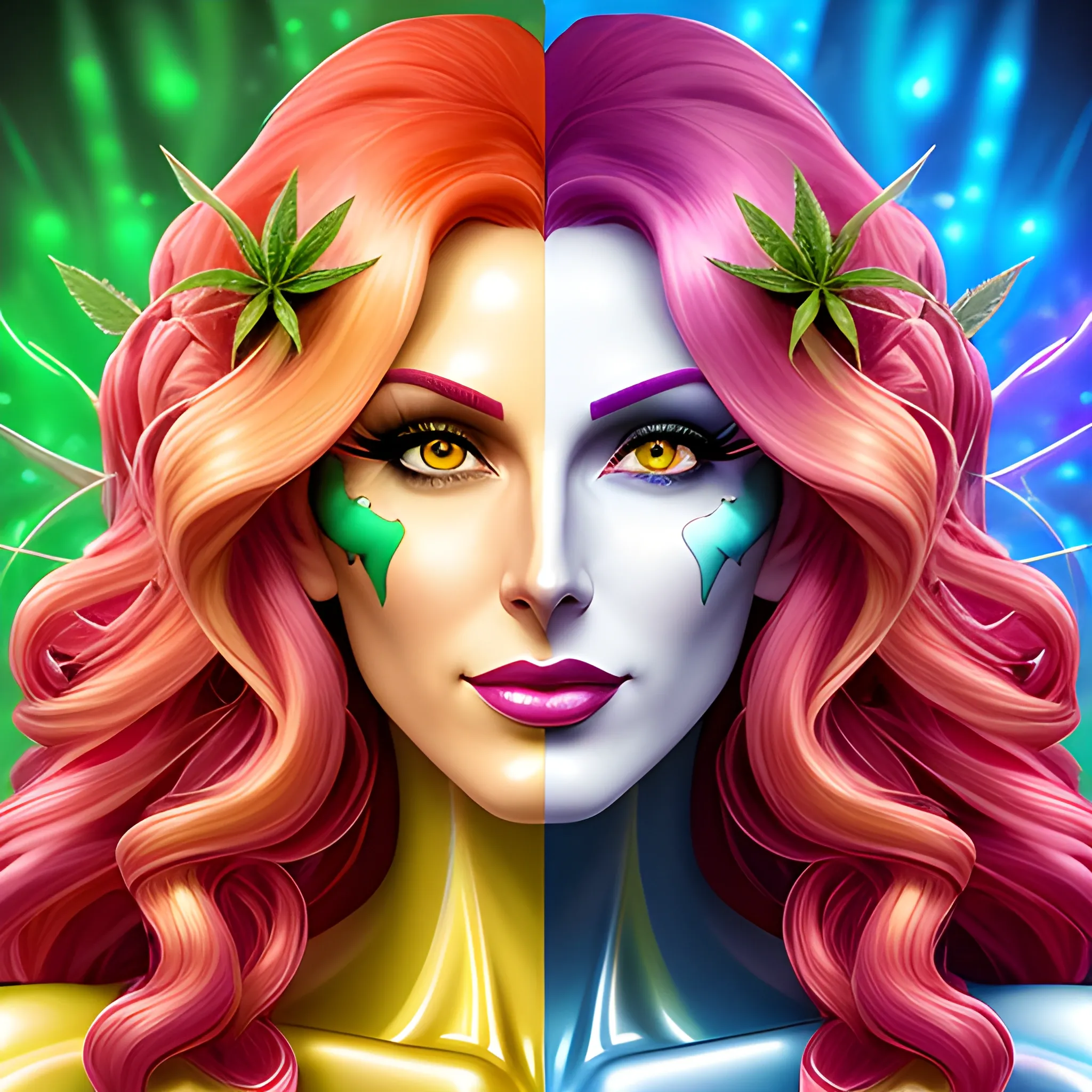 comic book version of young Strawberry Shortcake / Rainbow Brite face morph as a marijuana Goddess, pretty and highly detailed face, meticulously detailed multi-hued long curly red hair; surrounded by luminous color sparkles and marijuana plants, lemon slices; modern American; by Dan Parent art, Daniel Gerhartz, Lisa Frank, Sienkiewicz, Mucha, jim lee art; hyper-detailed, hyper-realistic, sharp focus; symmetrical face; textured shading, subtractive lighting, marijuana, lemons, pomegranate arils, 3D