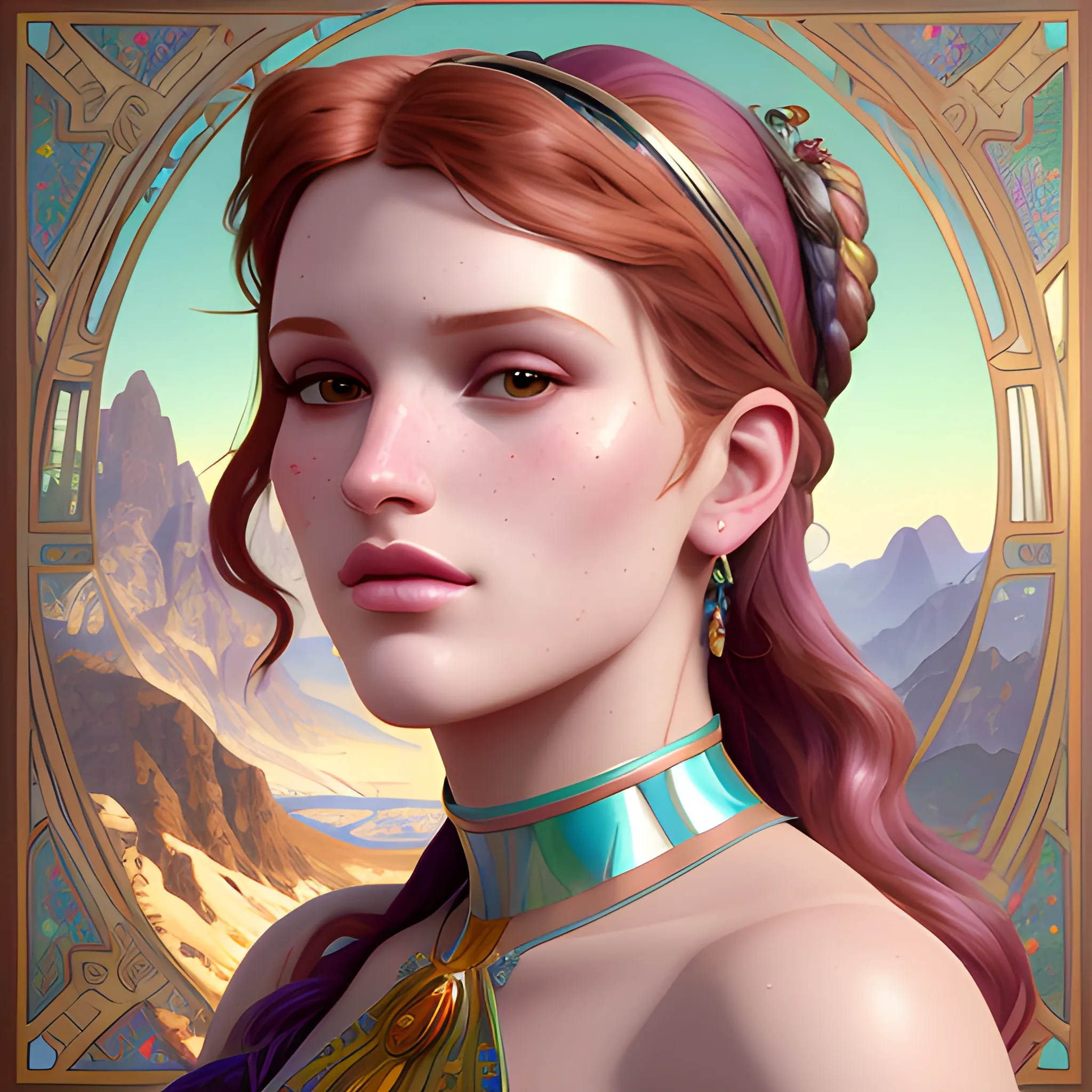 Bella Thorne by a mountain range; highly detailed beautiful face; glitter, renaissance; high contrast, pastel, sorbet, pearlescent, Unreal Engine 5; by Dan Parent, Alphonse Mucha, Artgerm, WLOP, intricately detailed, fantasy, bizarre, beautiful, Chromolithography, Soft Shading, Unreal Engine; digital painting, smooth, sharp focus, illustration, art by lisa frank, Steve Goad, Frank Frazetta, William-Adolphe Bouguereau, Unreal Engine 5, Cartoon, 3D, Oil Painting, 3D