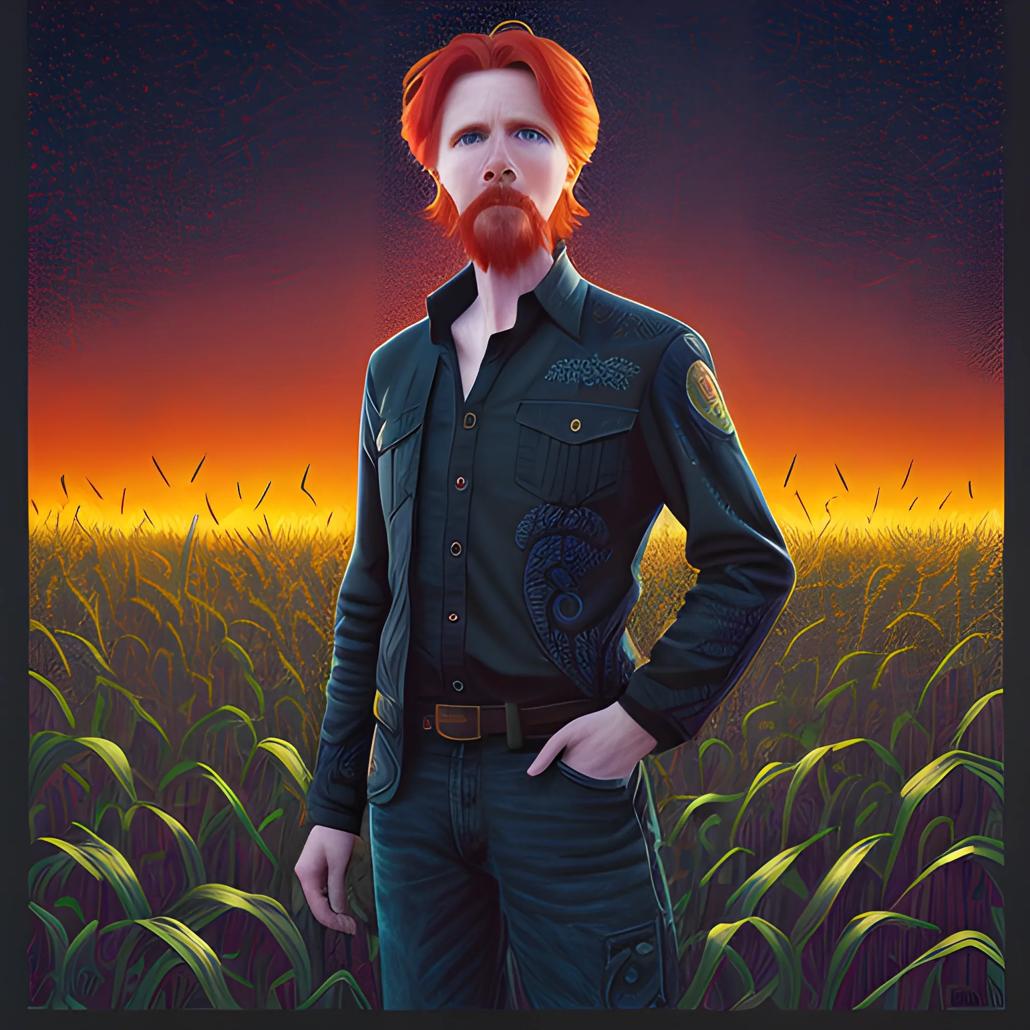 male actor Courtney Gains, his highly detailed handsome face, meticulously detailed multi-hued red hair, standing in tall corn, cornfield, nebula sky; by James R. Eads, Fausto-Giurescu, Tania Rivilis, Renata-s-art, Dan Mumford; luminous colorful sparkles, glitter, airbrush, depth of field, volumetric lighting, deep color, underground comix, 3D