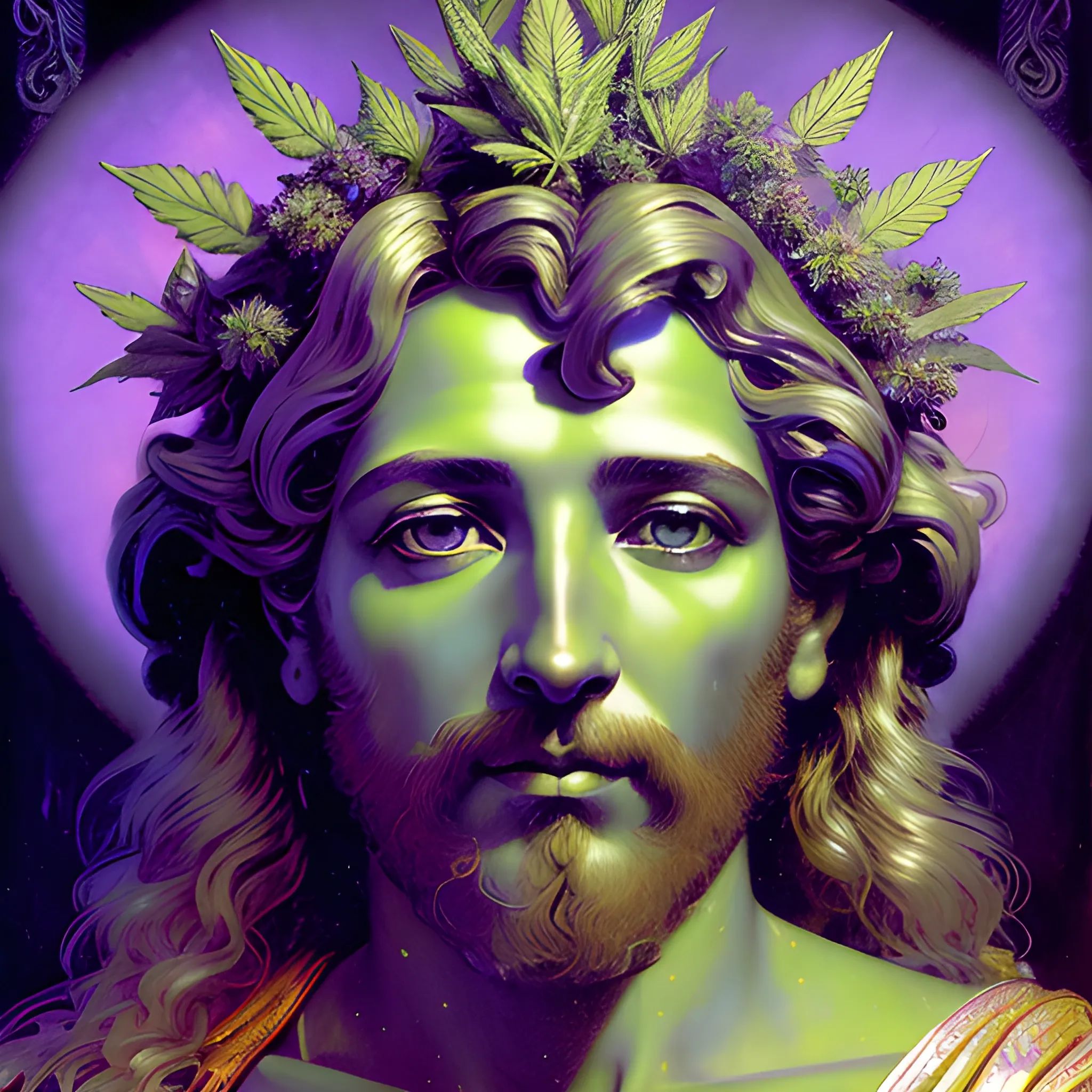 eoclassicist colorful blacklight uv highly detailed painting of Jesus as a marijuana goddess, ethereal fantasy hyperdetailed mist, maximalist matte painting, polished, realistic oil painting; old fashioned, vintage, antique; luminous color sparkles, marijuana, by gaston bussiere, craig mullins, j. c. leyendecker, norman rockwell, 3D