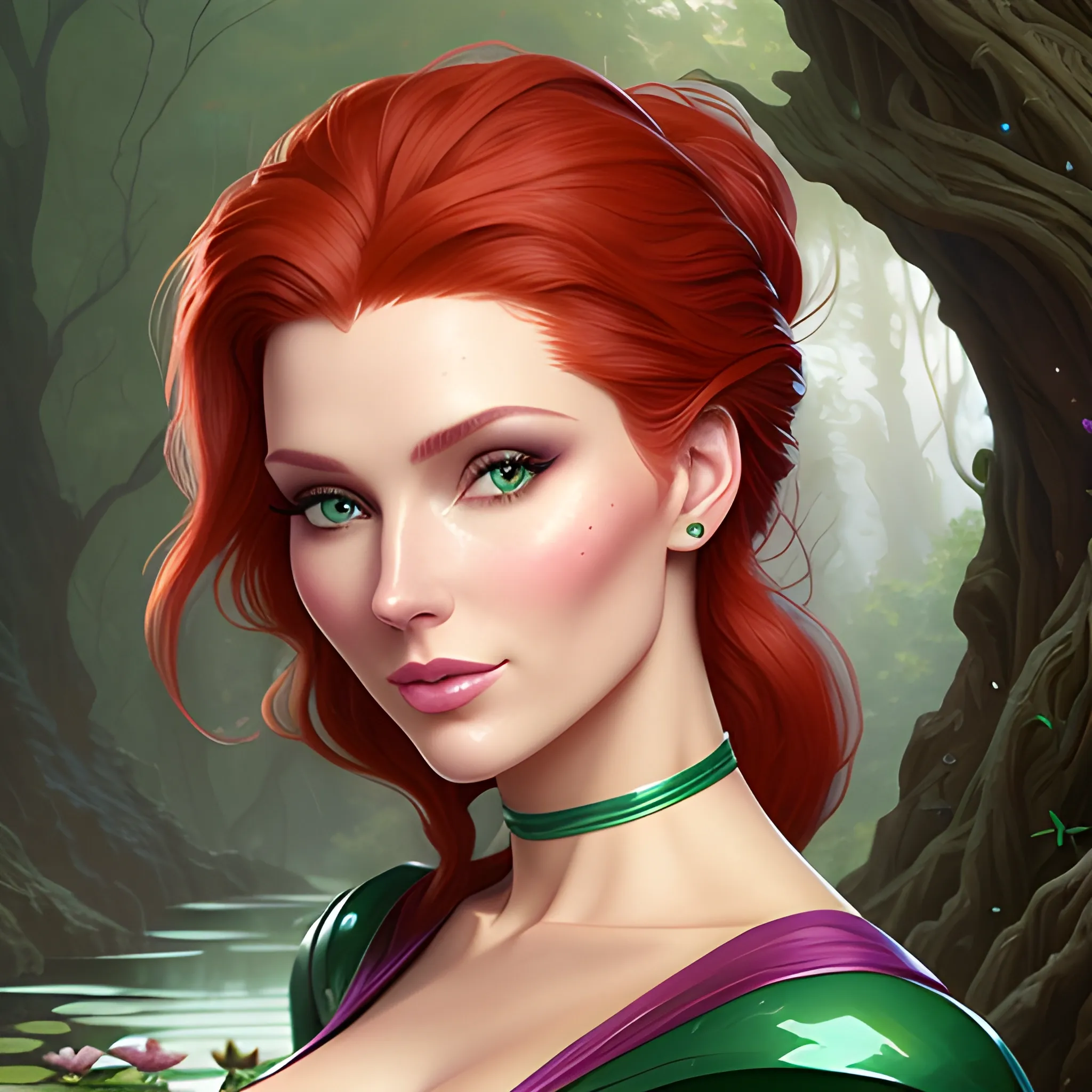 Elsa Hosk / Shanina Sheik / Robyn Lively face morph in a deep green pine tree forest; red hair, green eyes, highly detailed beautiful face; glitter, high contrast, pastel, sorbet, pearlescent, by Dan Parent, Artgerm, WLOP, intricately detailed, fantasy, beautiful, Chromolithography, Soft Shading, Unreal Engine; digital painting, smooth, sharp focus, illustration, art by lisa frank, Steve Goad, Frank Frazetta, William-Adolphe Bouguereau, Unreal Engine 5, Cartoon, 3D, Oil Painting, lotus pond