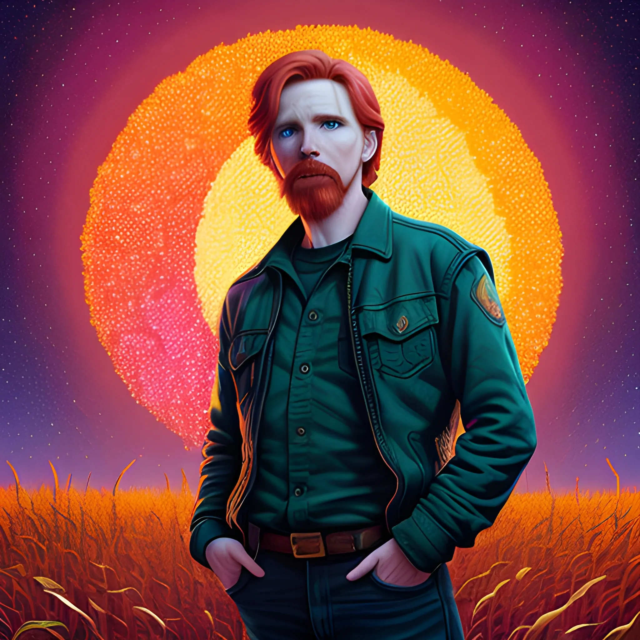 male actor Courtney Gains, his highly detailed handsome face, meticulously detailed multi-hued red hair, standing in tall corn, cornfield, nebula sky; by James R. Eads, Fausto-Giurescu, Tania Rivilis, Renata-s-art, Dan Mumford; luminous colorful sparkles, glitter, airbrush, depth of field, volumetric lighting, deep color, underground comix