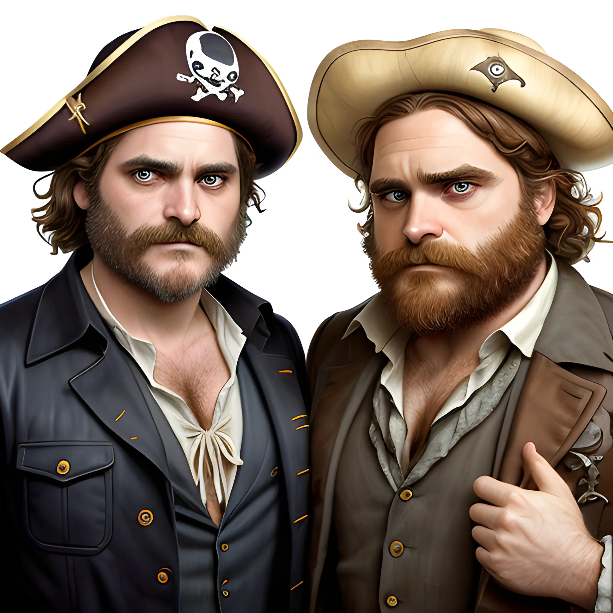 Joaquin Phoenix and Zach Galifianakis doing cosplay as pirates, highly detailed faces, modern American; by Lisa Frank, Daniel Gerhartz, Phil Noto art, Mucha, Manara; hyper-detailed, hyper-realistic, sharp focus; symmetrical face; textured shading, subtractive lighting, Unreal Engine