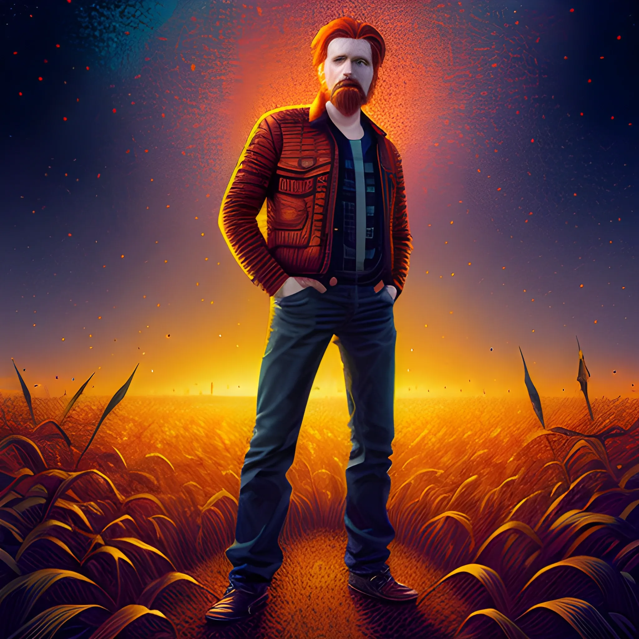 male actor Courtney Gains, his highly detailed handsome face, meticulously detailed multi-hued red hair, standing in tall corn, cornfield, nebula sky; by James R. Eads, Fausto-Giurescu, Tania Rivilis, Renata-s-art, Dan Mumford; luminous colorful sparkles, glitter, airbrush, depth of field, volumetric lighting, deep color, underground comix, 3D