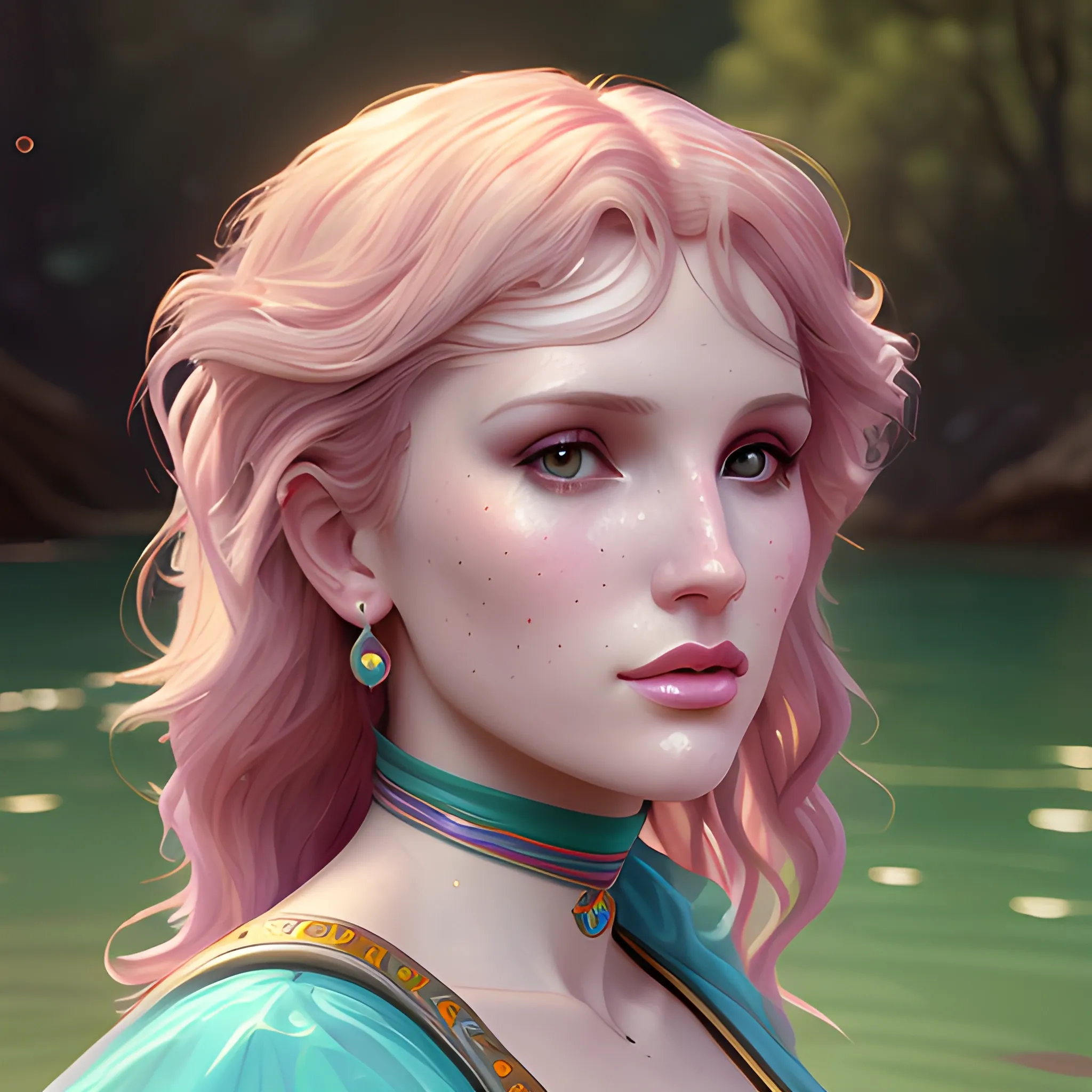 Bella Thorne by a river; highly detailed beautiful face; glitter, renaissance; high contrast, pastel, sorbet, pearlescent, Unreal Engine 5; by Dan Parent, Alphonse Mucha, Artgerm, WLOP, intricately detailed, fantasy, bizarre, beautiful, Chromolithography, Soft Shading, Unreal Engine; digital painting, smooth, sharp focus, illustration, art by lisa frank, Steve Goad, Frank Frazetta, William-Adolphe Bouguereau, Unreal Engine 5, Cartoon, 3D, Oil Painting, 3D