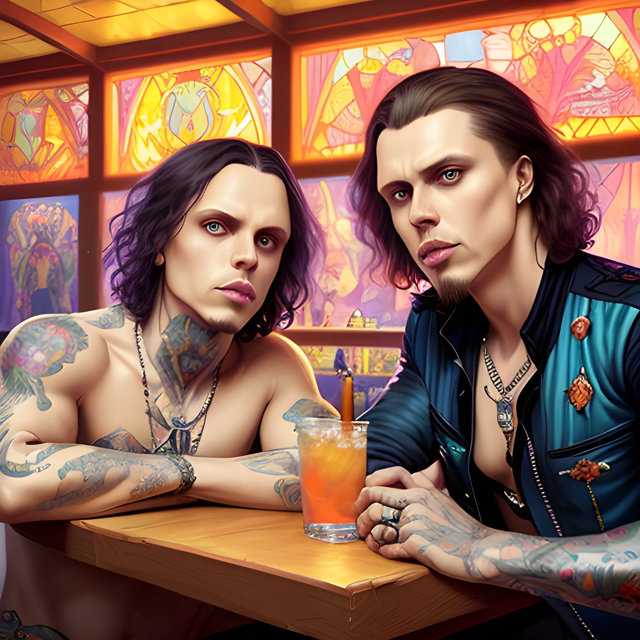 two men, Ville Valo and Tommy Cash at a tropical bar, highly detailed faces, modern American; by Lisa Frank, Daniel Gerhartz, Phil Noto art, Mucha, Manara; hyper-detailed, hyper-realistic, sharp focus; symmetrical face; textured shading, subtractive lighting, Unreal Engine, 3D