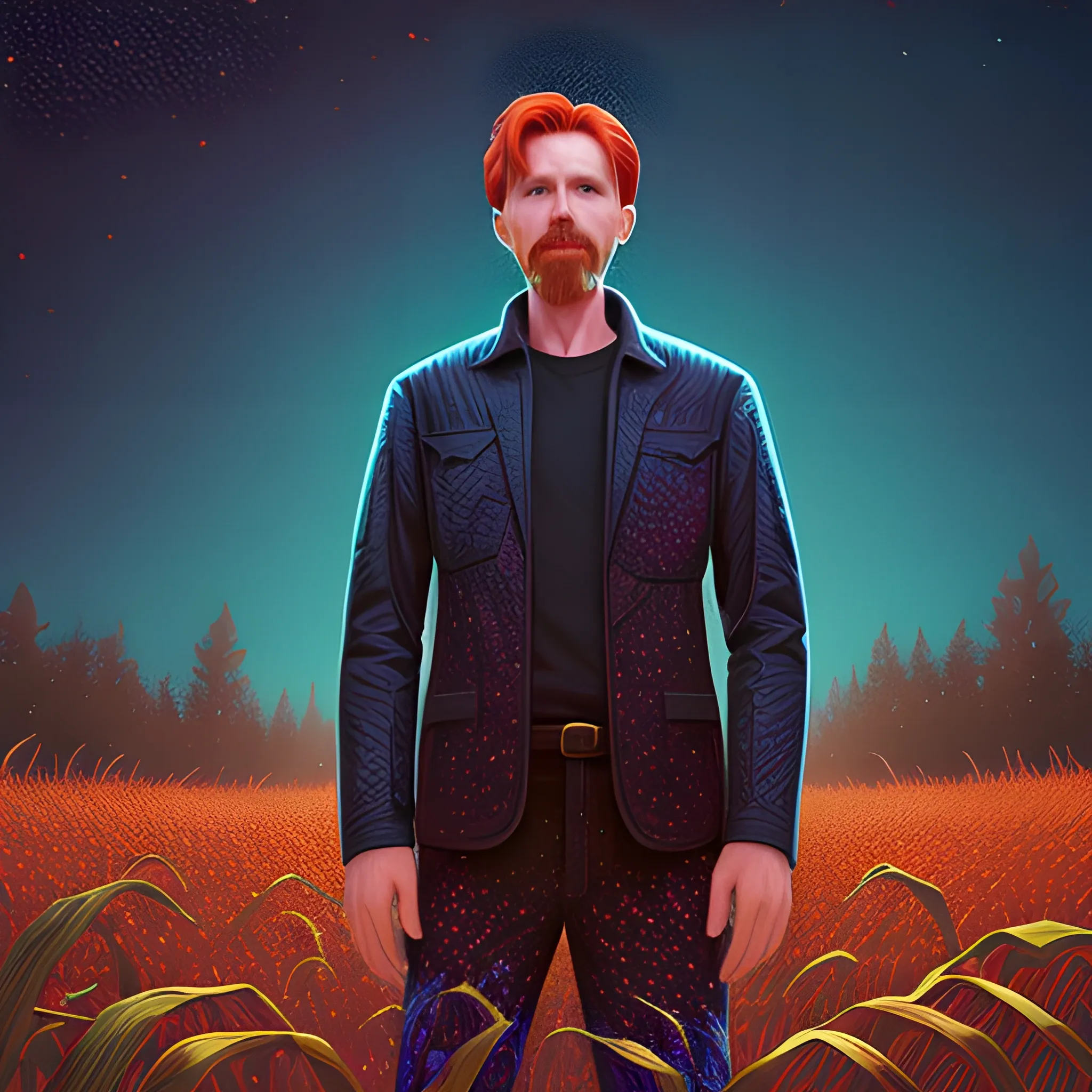 male actor Courtney Gains, his highly detailed handsome face, meticulously detailed multi-hued red hair, standing in tall corn, cornfield, nebula sky; by James R. Eads, Fausto-Giurescu, Tania Rivilis, Renata-s-art, Dan Mumford; luminous colorful sparkles, glitter, airbrush, depth of field, volumetric lighting, deep color, underground comix, 3D