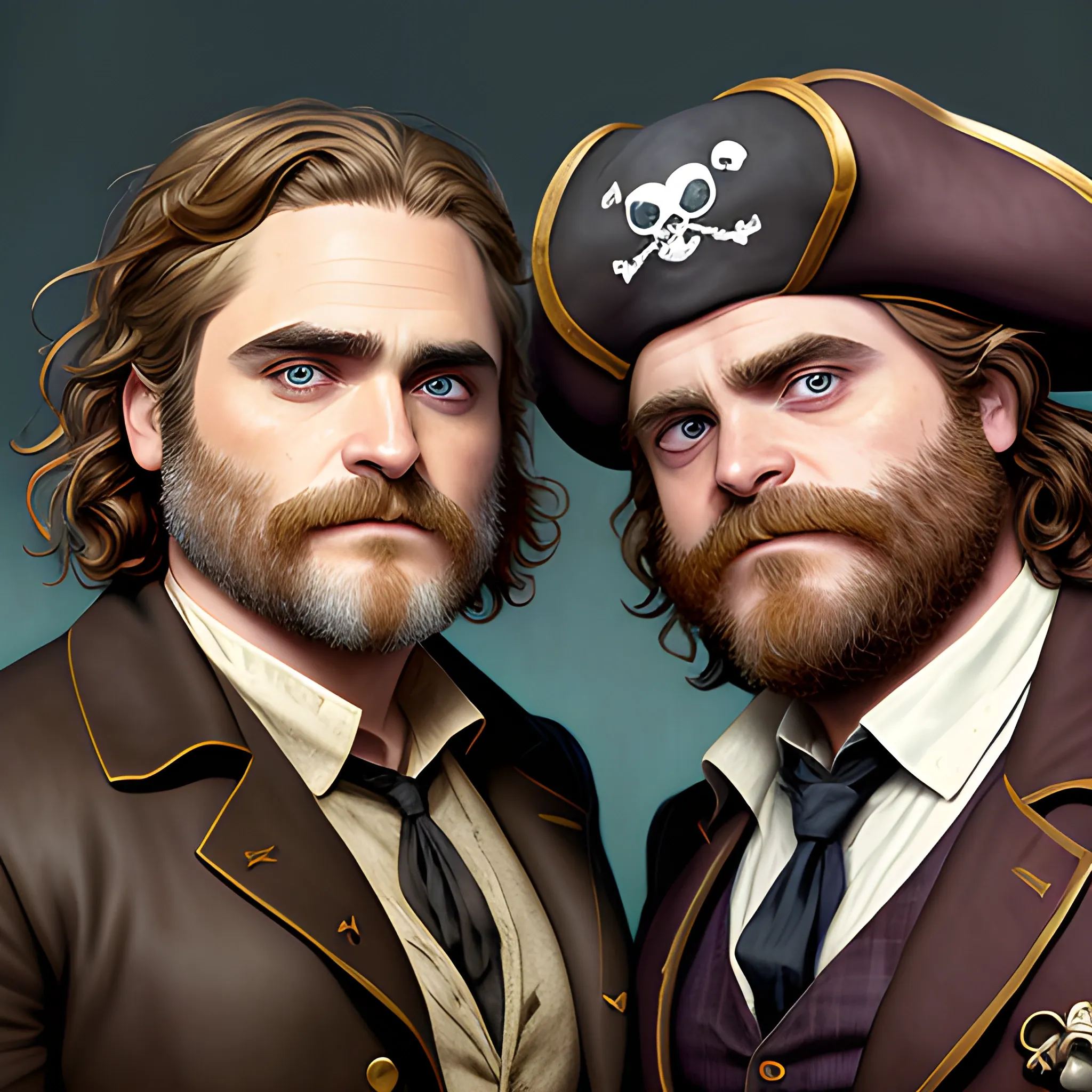 Joaquin Phoenix and Zach Galifianakis doing cosplay as pirates, highly detailed faces, modern American; by Lisa Frank, Daniel Gerhartz, Phil Noto art, Mucha, Manara; hyper-detailed, hyper-realistic, sharp focus; symmetrical face; textured shading, subtractive lighting, Unreal Engine