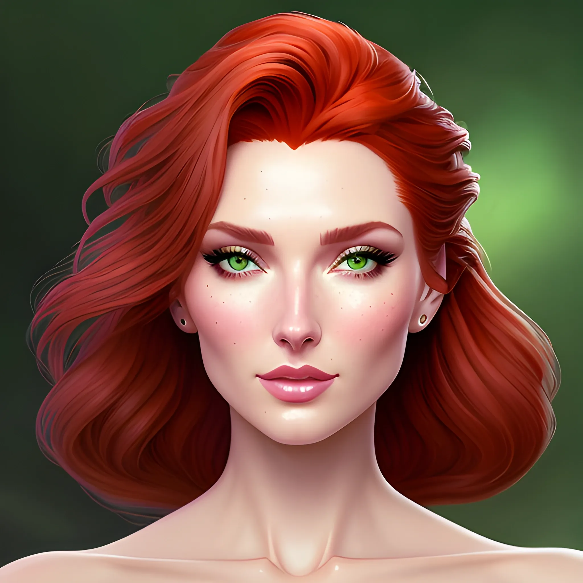 Elsa Hosk / Shanina Sheik / Robyn Lively face morph in a deep green pine tree forest; red hair, green eyes, highly detailed beautiful face; glitter, high contrast, pastel, sorbet, pearlescent, by Dan Parent, Artgerm, WLOP, intricately detailed, fantasy, beautiful, Chromolithography, Soft Shading, Unreal Engine; digital painting, smooth, sharp focus, illustration, art by lisa frank, Steve Goad, Frank Frazetta, William-Adolphe Bouguereau, Unreal Engine 5, Cartoon, 3D, Oil Painting, lotus pond