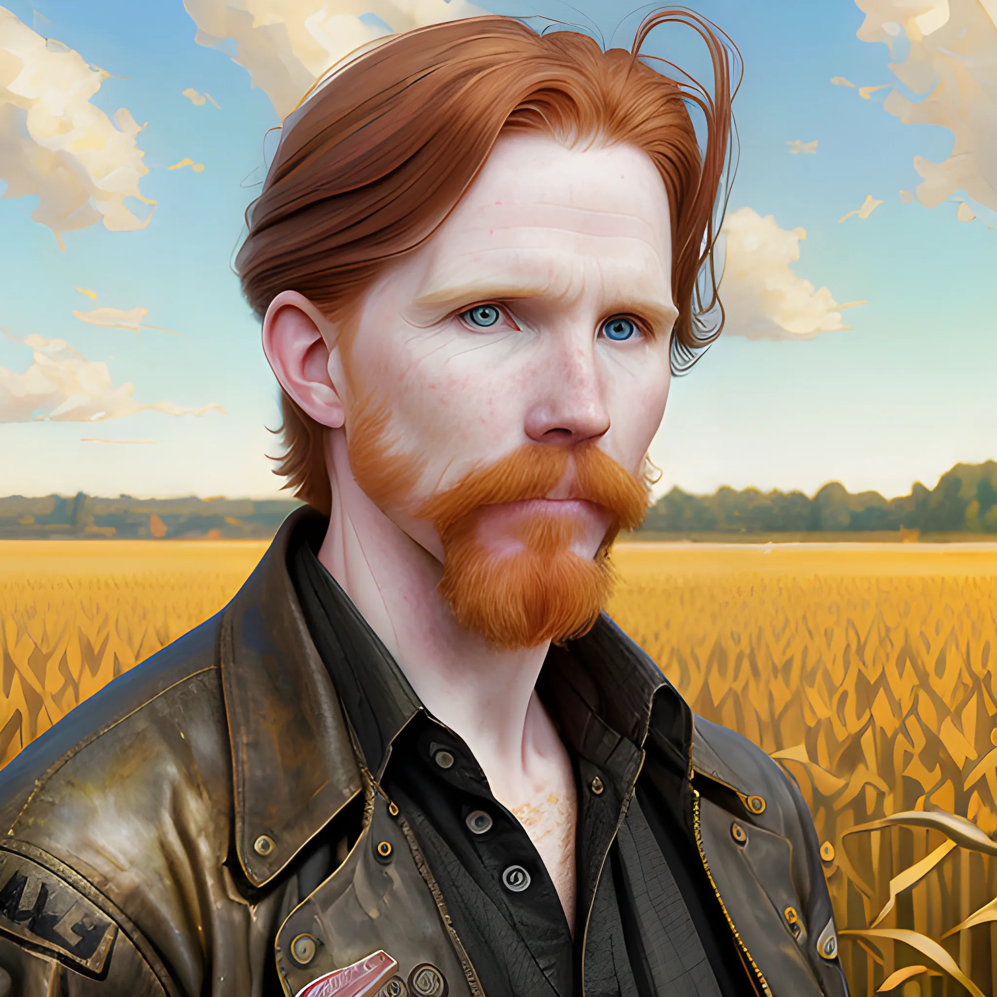 Courtney Gains, at a cornfield, highly detailed softly freckled face, dark red long feathered hair, modern American; by Lisa Frank, Daniel Gerhartz, Phil Noto art, Mucha, Manara; hyper-detailed, hyper-realistic, sharp focus; symmetrical face; textured shading, subtractive lighting, Unreal Engine