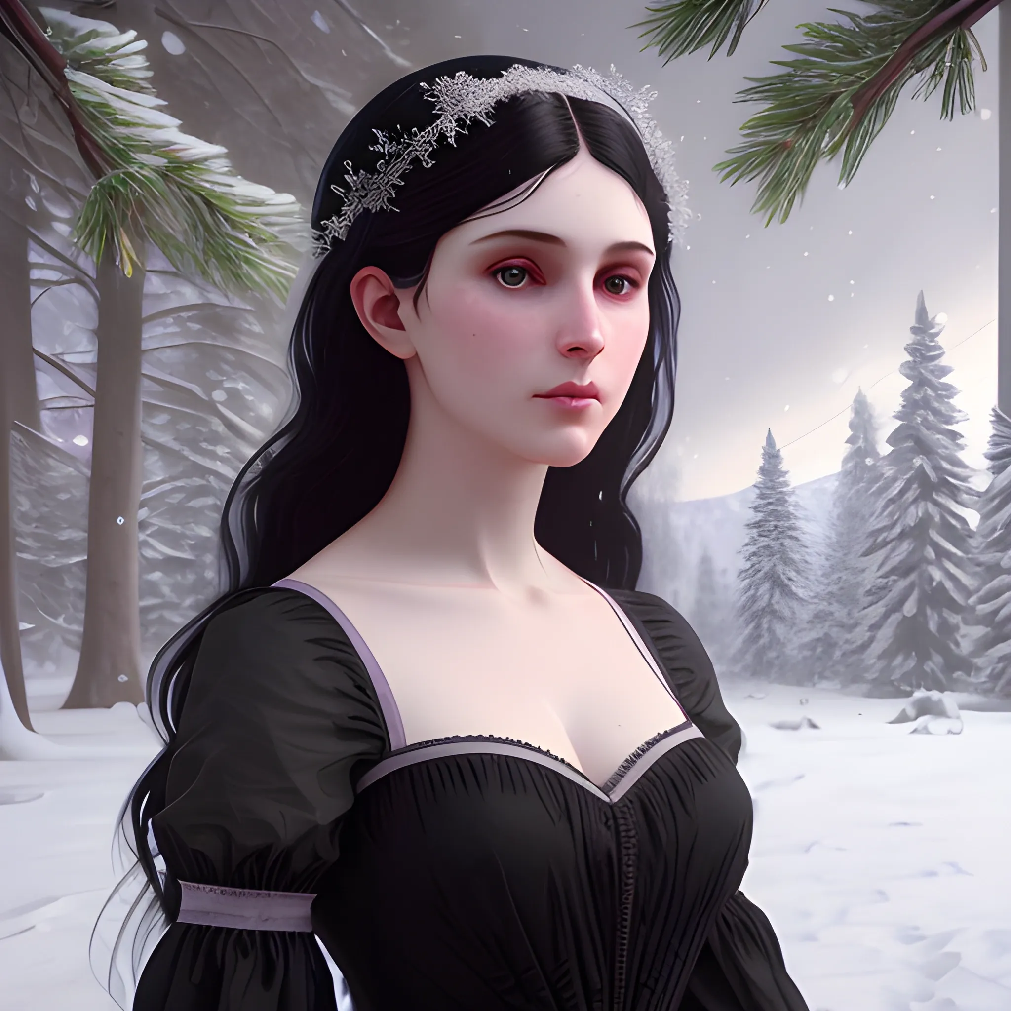 a pale woman with a highly detailed, perfect beautiful face, pale lavender eyes, meticulously detailed black long, flowing loose black hair and a purple dress; background is a snowy riverbank with pine trees, it's snowing; snow, snowflakes, glitter, luminos color sparkles, nebula sky, digital painting, artstation; Lisa Frank, artgerm, Greg Rutkowski, William-Adolphe Bouguereau, renaissance, Unreal Engine 5, 3D