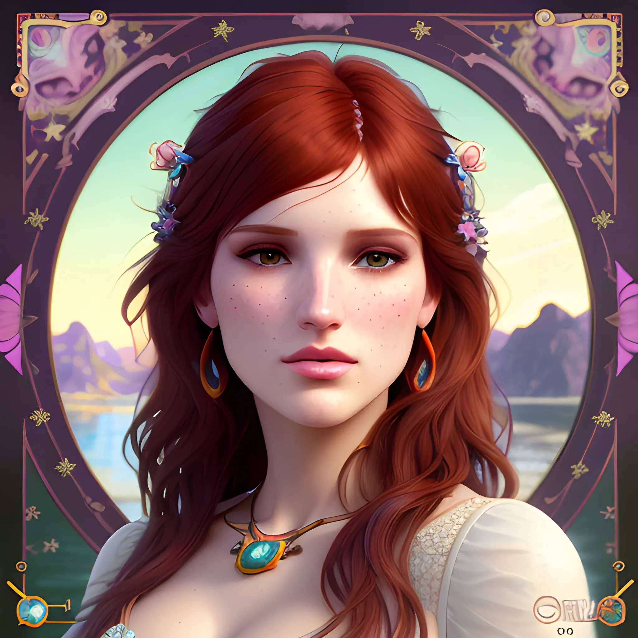 Bella Thorne by a river; highly detailed beautiful face, dark red hair; glitter, renaissance; high contrast, pastel, sorbet, pearlescent, Unreal Engine 5; by Dan Parent, Alphonse Mucha, Artgerm, WLOP, intricately detailed, fantasy, bizarre, beautiful, Chromolithography, Soft Shading, Unreal Engine; digital painting, smooth, sharp focus, illustration, art by lisa frank, Steve Goad, Frank Frazetta, William-Adolphe Bouguereau, Unreal Engine 5, Cartoon, 3D, Oil Painting, 3D