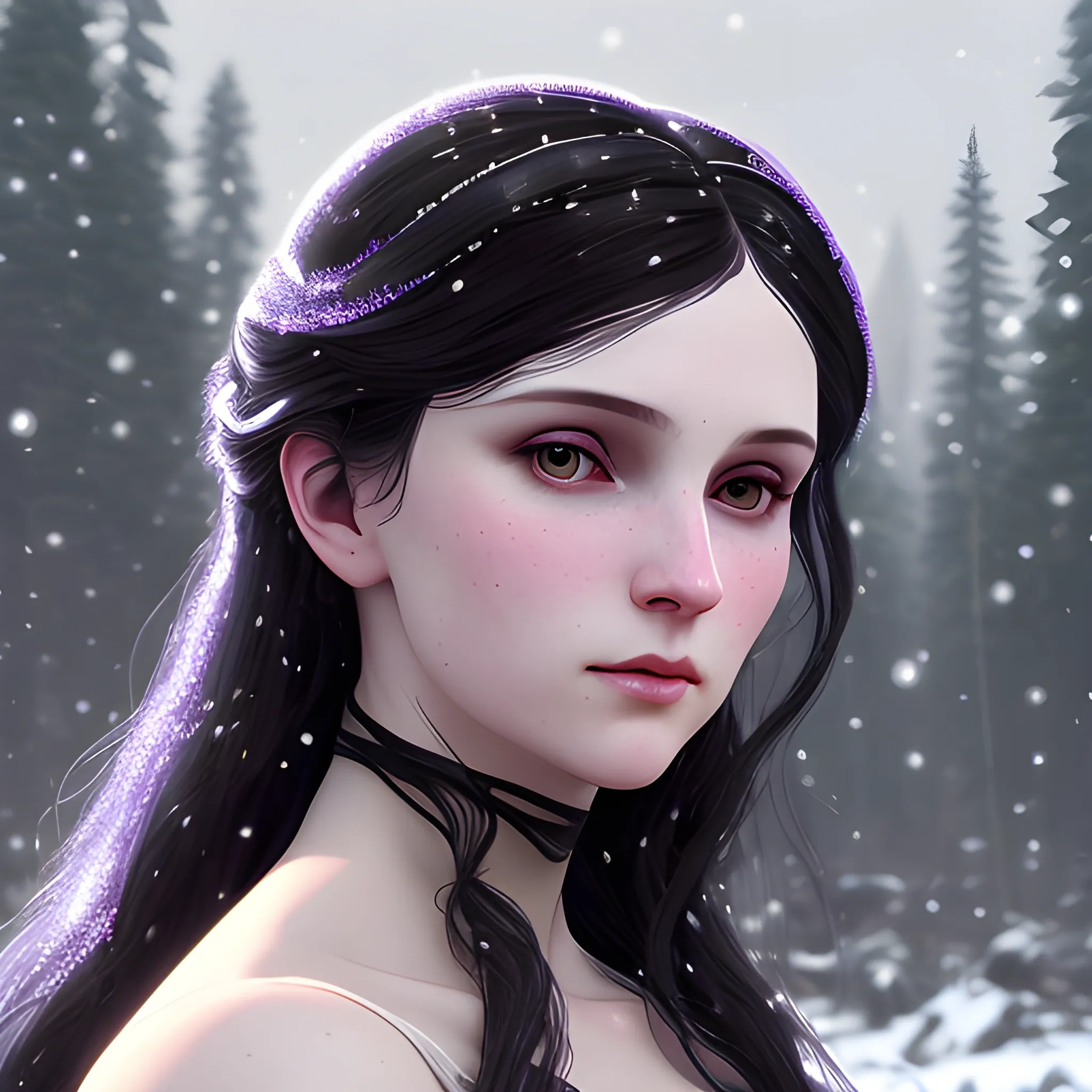 a pale woman with a highly detailed, perfect beautiful face, pale lavender eyes, meticulously detailed black long, flowing loose black hair and a purple dress; background is a snowy riverbank with pine trees, it's snowing; snow, snowflakes, glitter, luminos color sparkles, nebula sky, digital painting, artstation; Lisa Frank, artgerm, Greg Rutkowski, William-Adolphe Bouguereau, renaissance, Unreal Engine 5, 3D