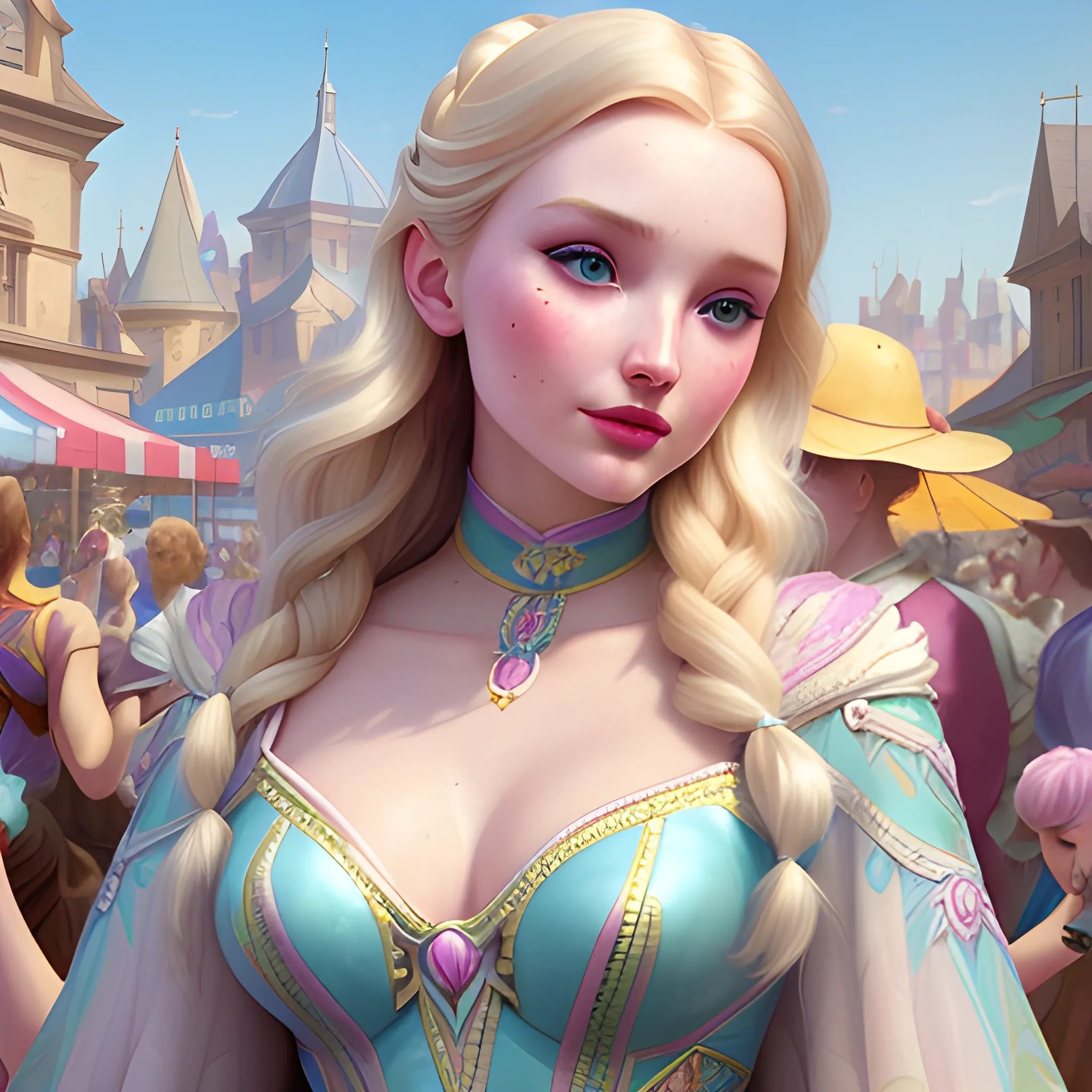 Elsa Hosk / Dove Cameron face morph at a carnival; highly detailed beautiful face; glitter, renaissance; high contrast, cotton candy, pastel, sorbet, pearlescent, Unreal Engine 5; by Dan Parent, Alphonse Mucha, Artgerm, WLOP, intricately detailed, fantasy, bizarre, beautiful, Chromolithography, Soft Shading, Unreal Engine; digital painting, smooth, sharp focus, illustration, art by lisa frank, Steve Goad, Frank Frazetta, William-Adolphe Bouguereau, Unreal Engine 5, Cartoon, 3D, Oil Painting, 3D, Cartoon